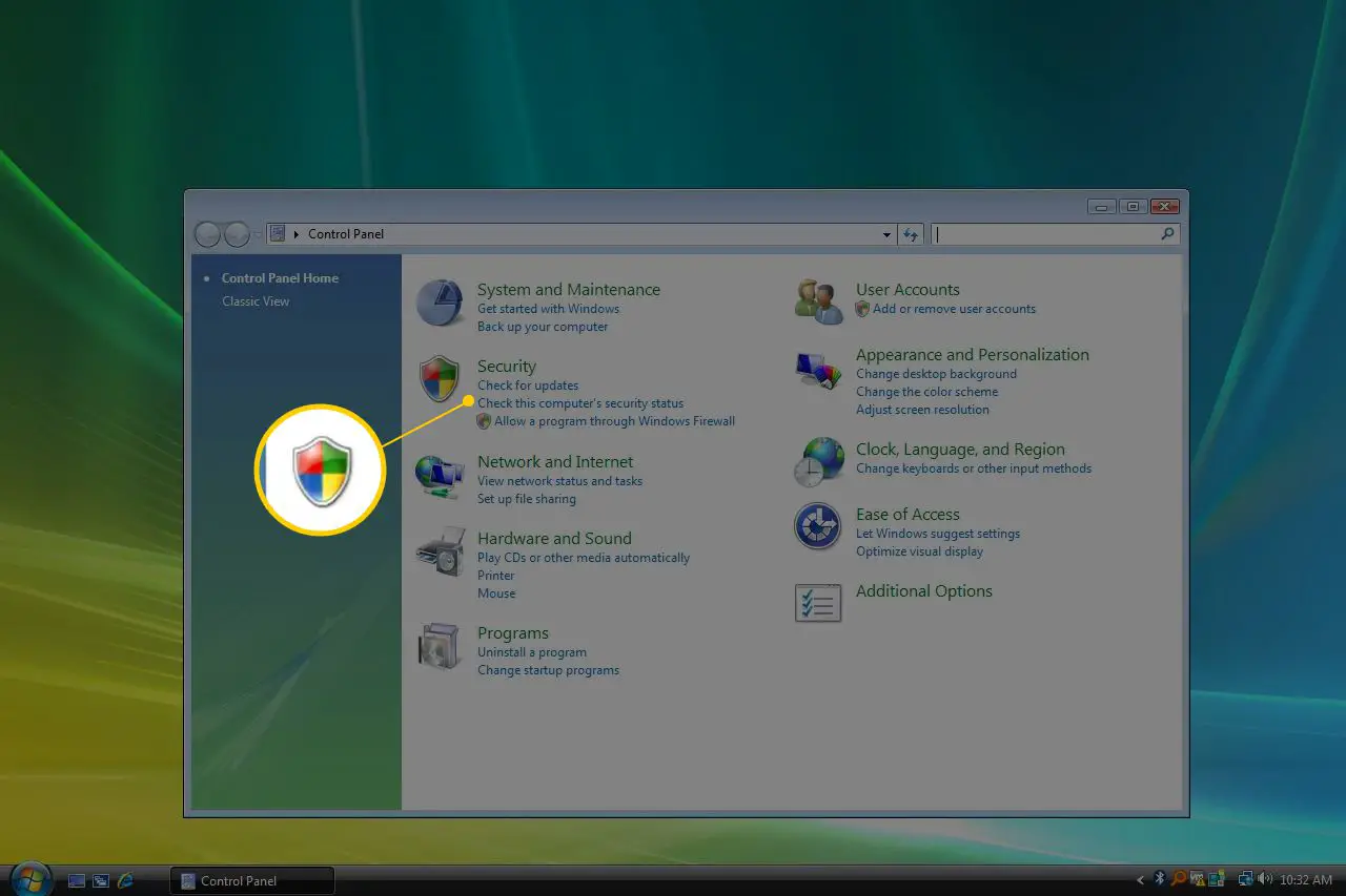 Ícone de segurança no Painel de Controle do Windows Vista