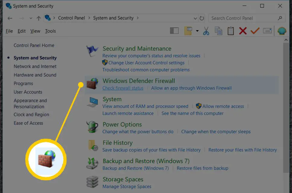 Captura de tela do Firewall do Windows Defender no painel Sistema e Segurança do Windows 10