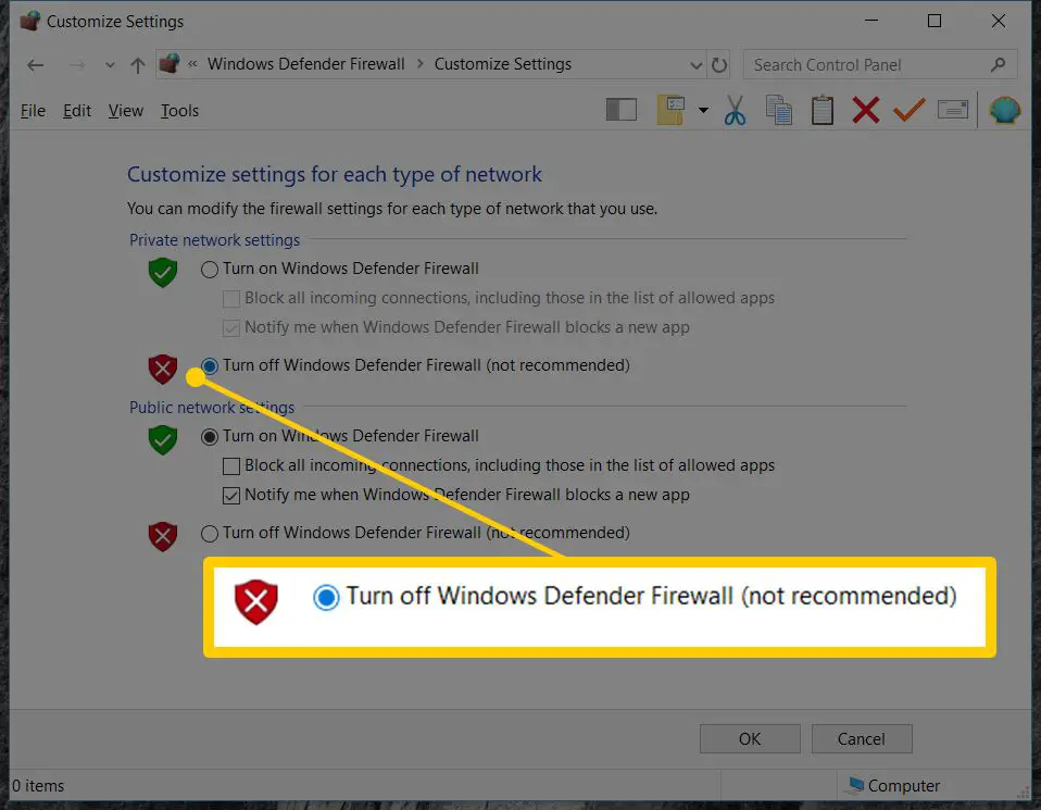 Captura de tela da opção Desativar o Firewall do Windows Defender (não recomendado) nas configurações do Windows 10