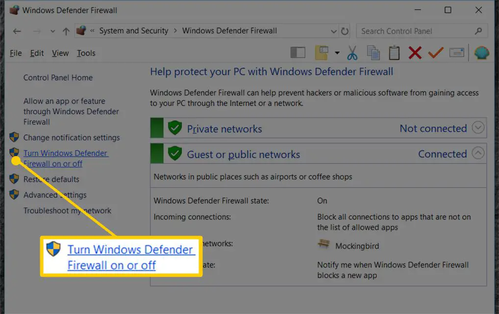 Captura de tela destacando o botão Ativar ou desativar o Firewall do Windows Defender no Windows 10