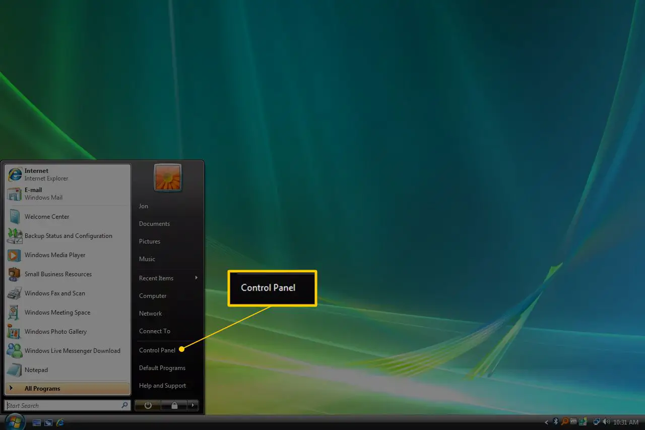 Painel de controle no menu Iniciar do Windows Vista