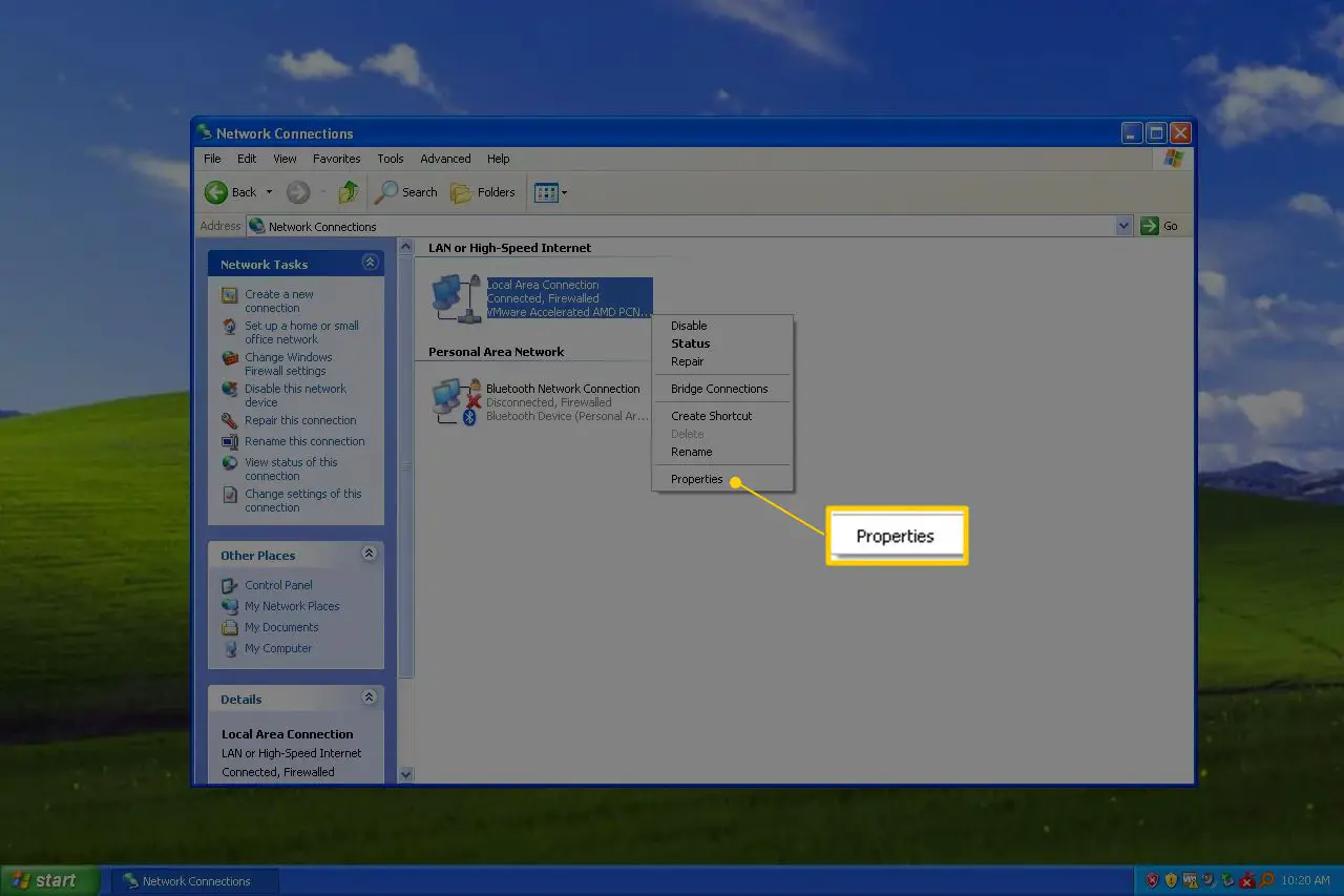 Item de menu Propriedades de rede do Windows XP