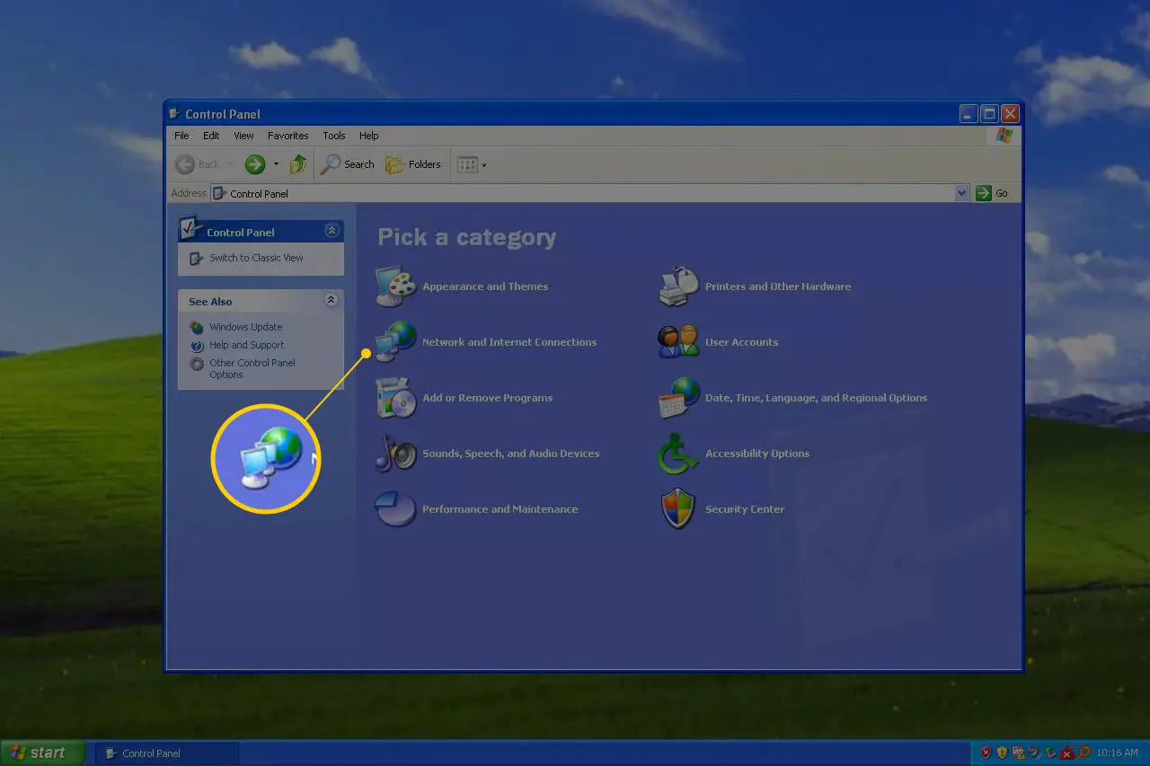 Conexões de rede e Internet no painel de controle do Windows XP