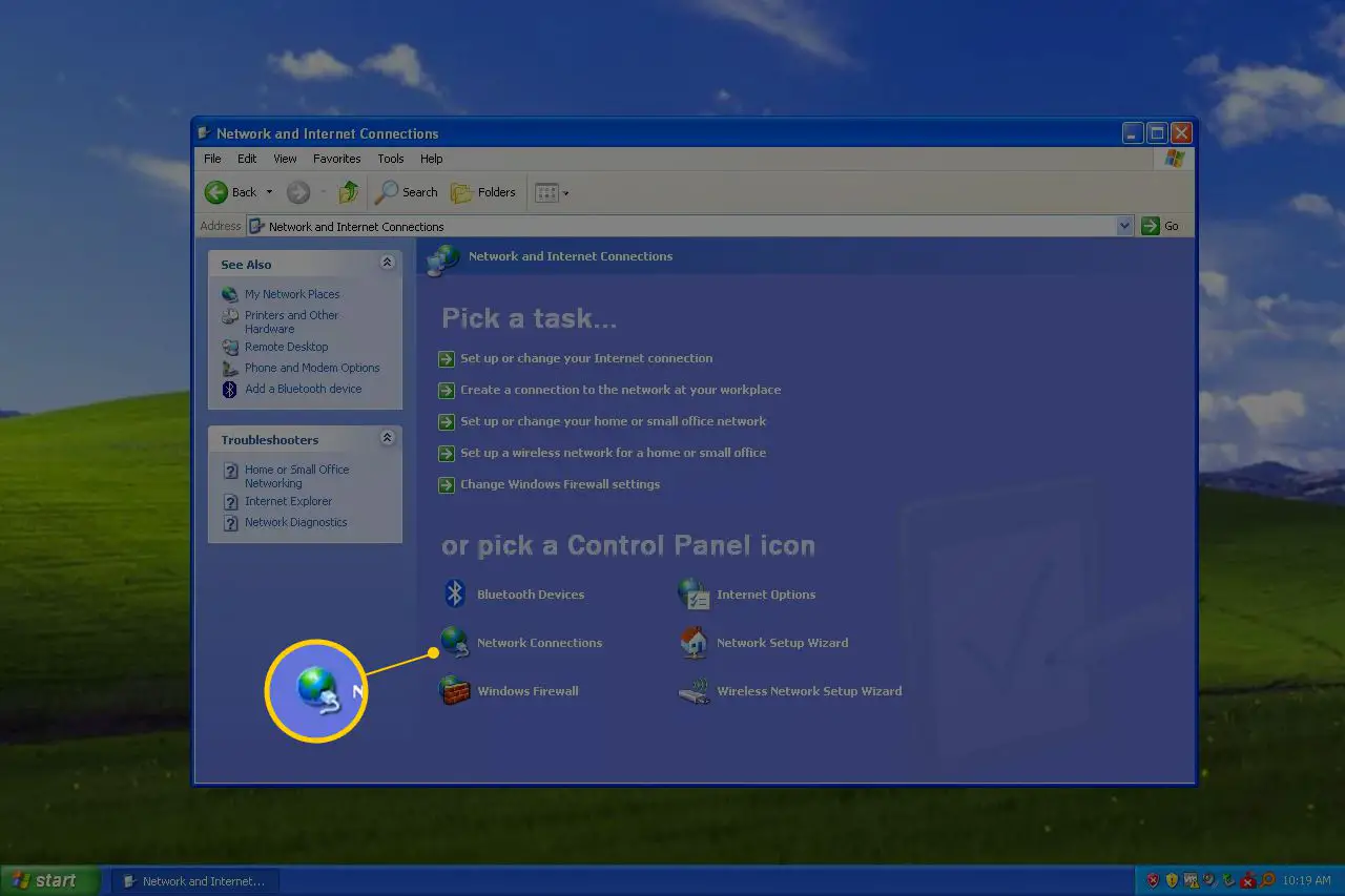 Ícone de conexões de rede no painel de controle do Windows XP