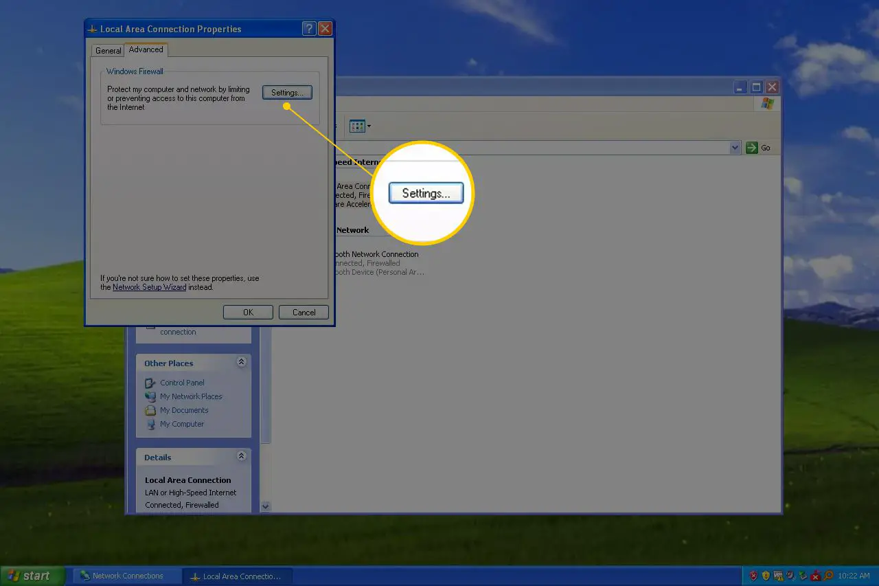 Botão Configurações na guia Avançado de Propriedades de rede no Windows XP