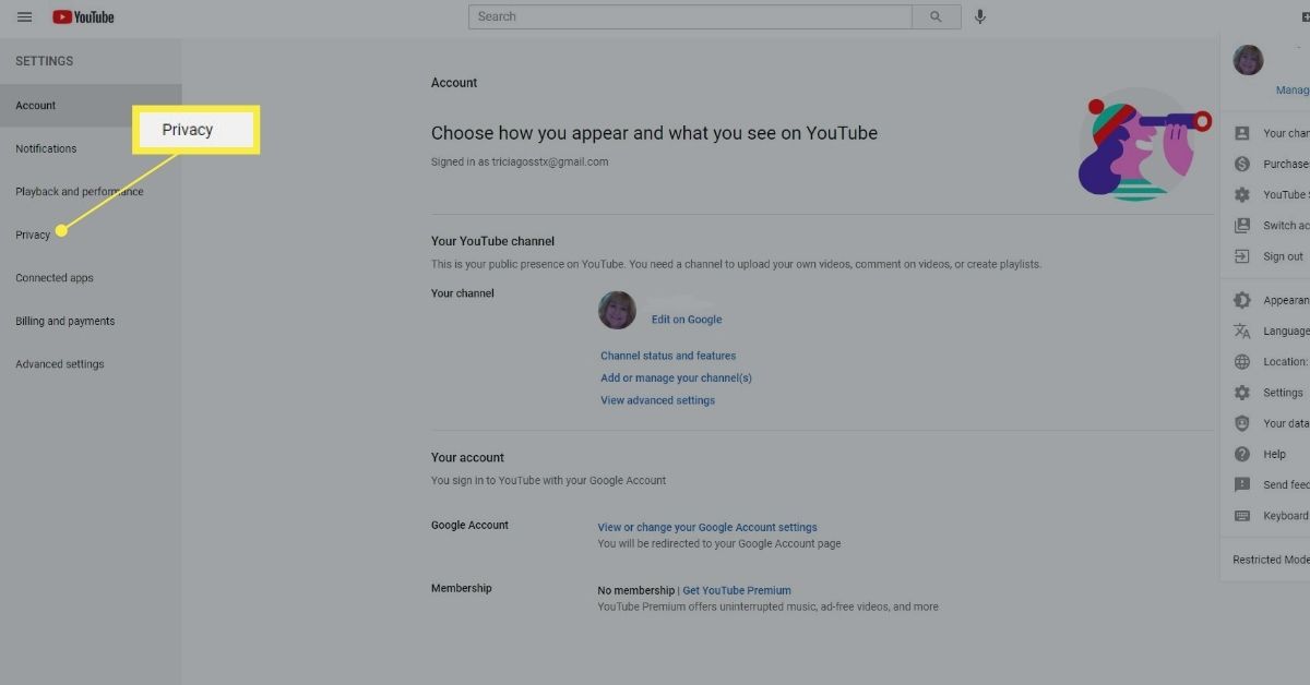 Privacidade nas configurações do YouTube