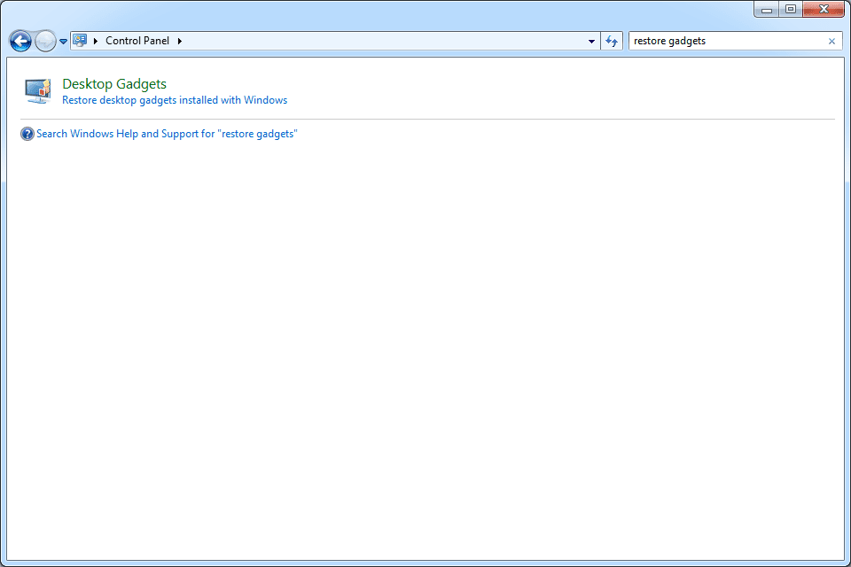 Captura de tela da opção no Painel de Controle do Windows 7 para restaurar todos os gadgets da área de trabalho padrão