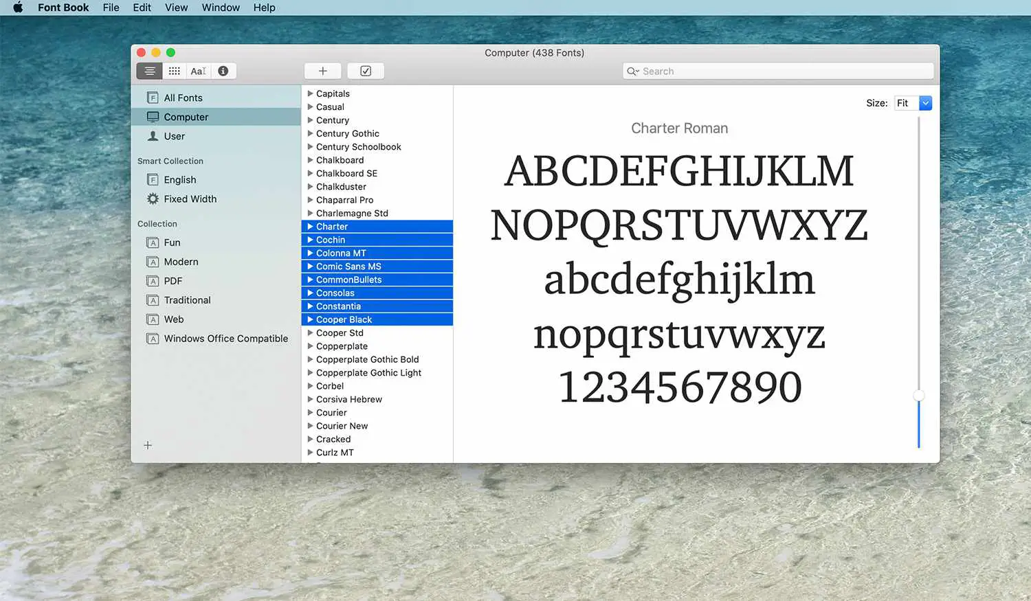 Seleção de fontes no livro de fontes em um Mac