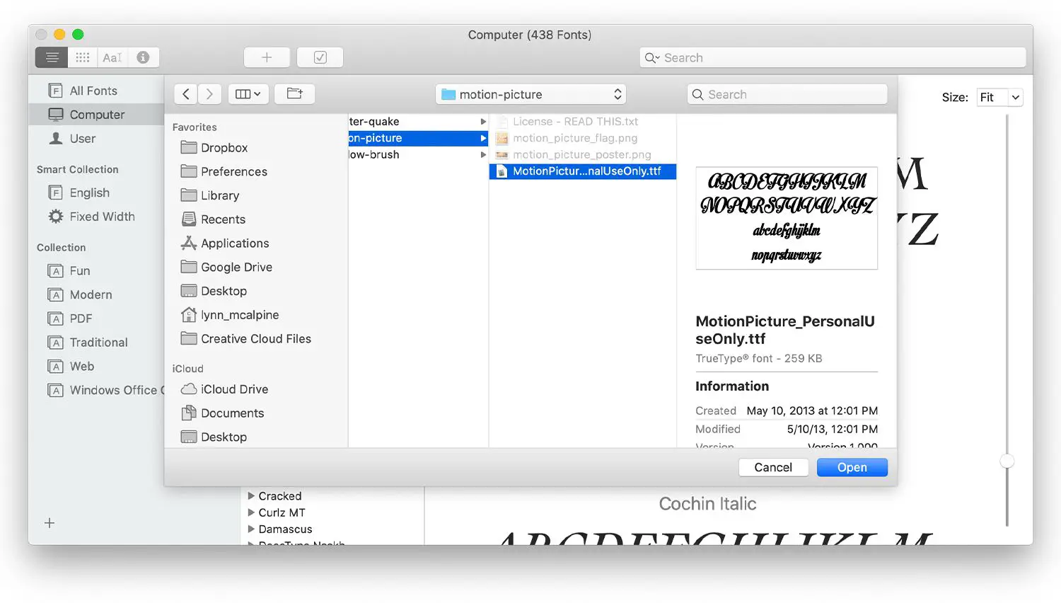 Tela mostrando a localização de uma fonte baixada em um Mac
