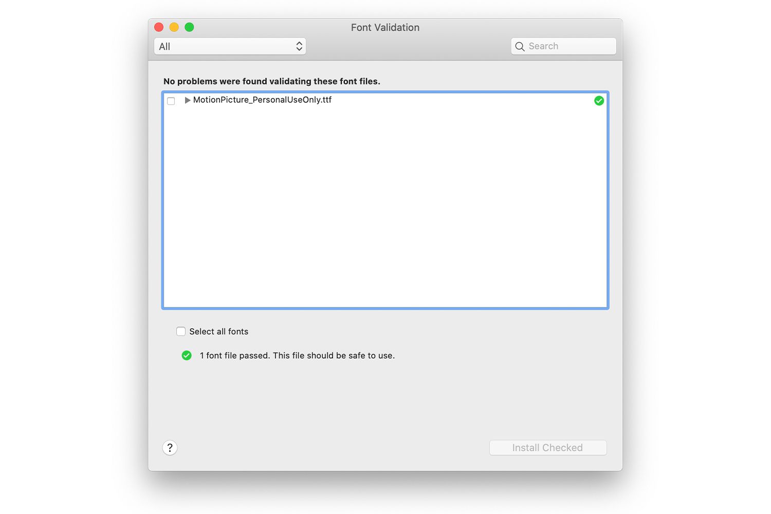 Tela de validação de fonte em um Mac