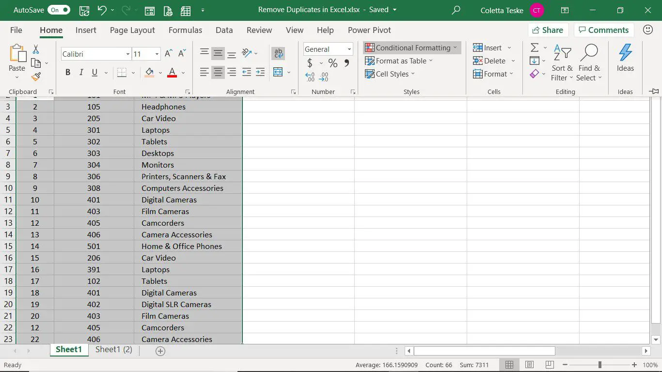 Dados selecionados para usar a Formatação Condicional no Excel para eliminar a duplicação do Excel