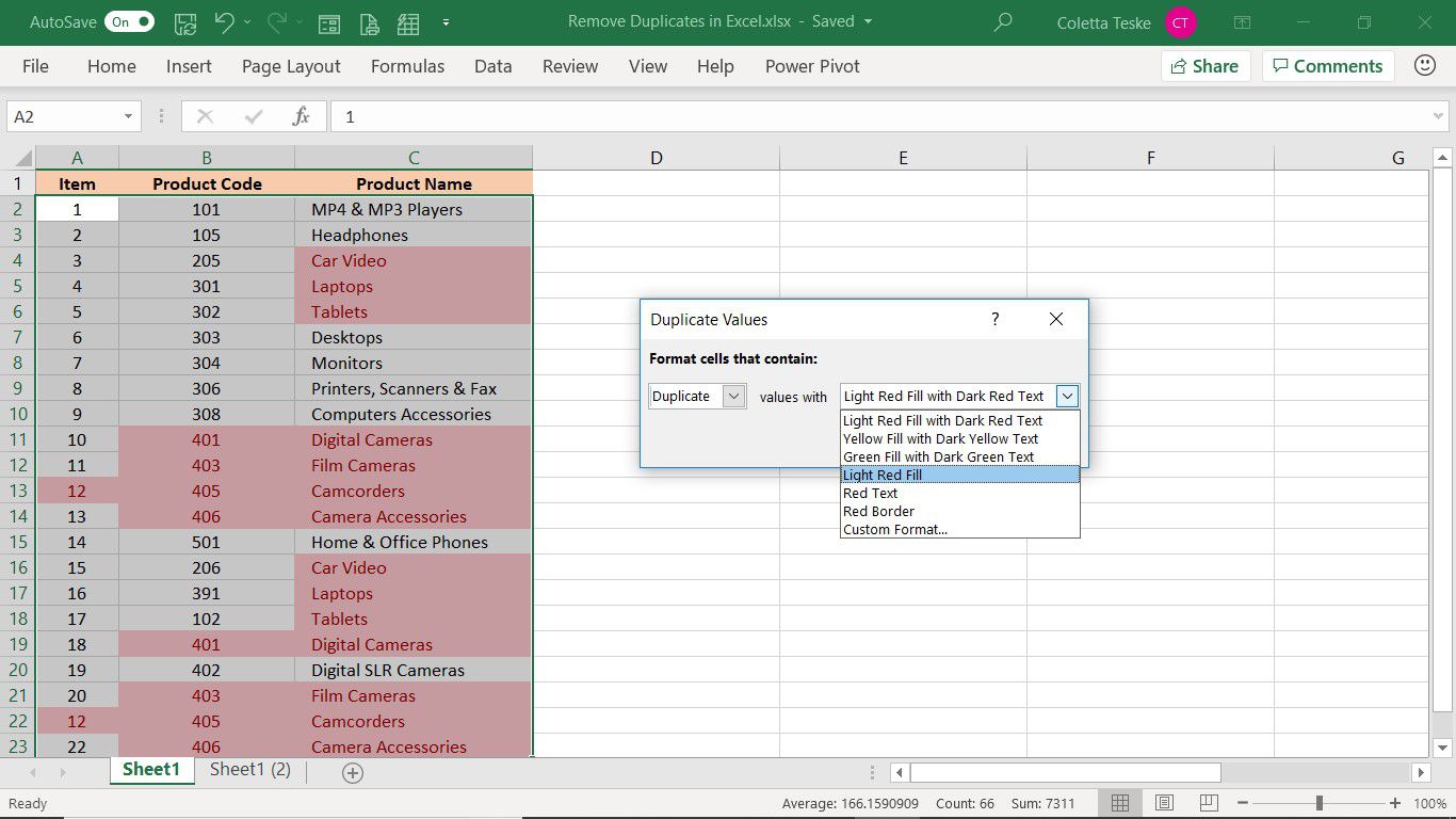 Caixa de diálogo Valores Duplicados no Excel para selecionar o destaque para a formatação condicional de dados duplicados
