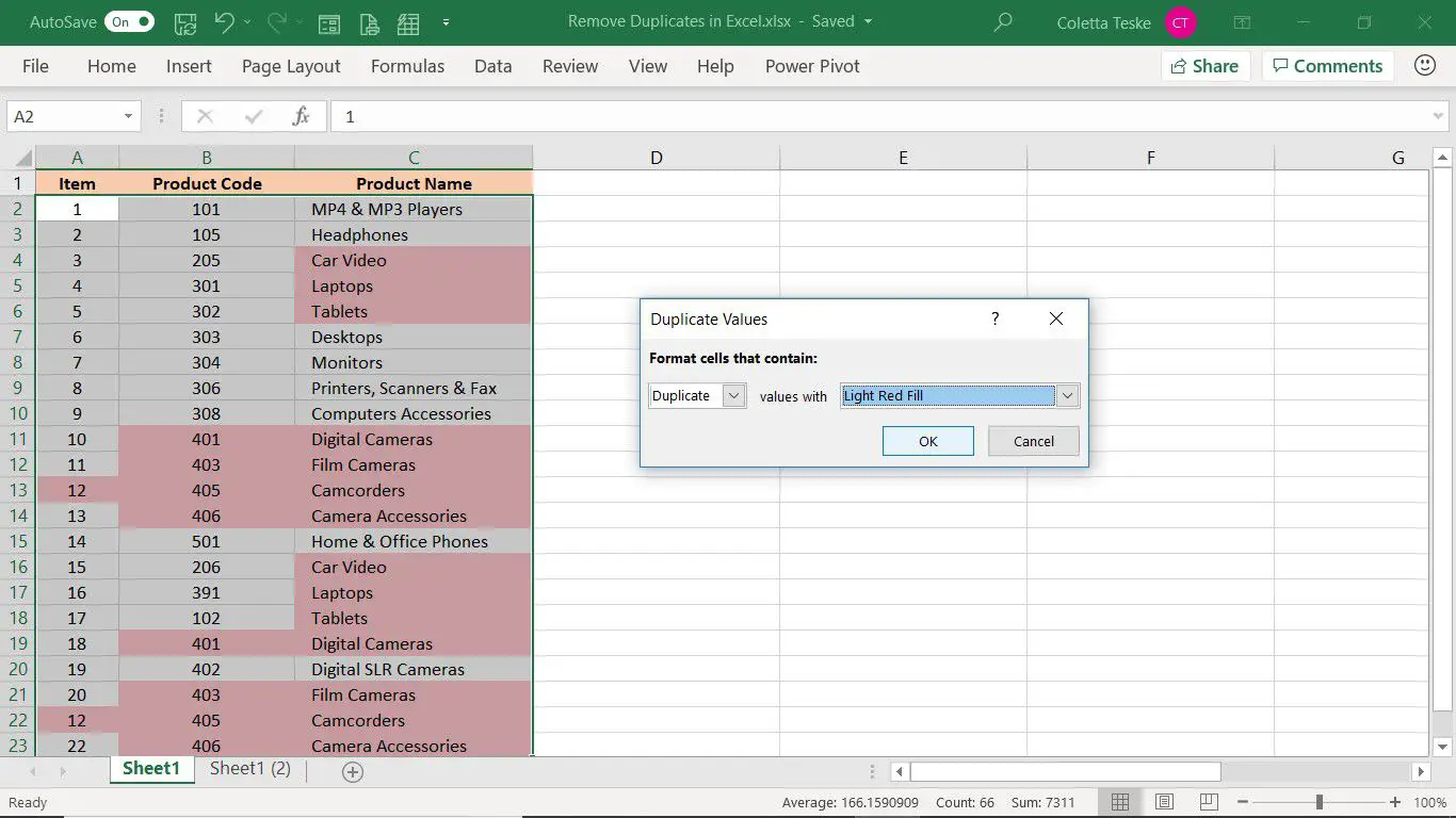 Caixa de diálogo Valores Duplicados no Excel mostrando como excluir duplicatas no Excel