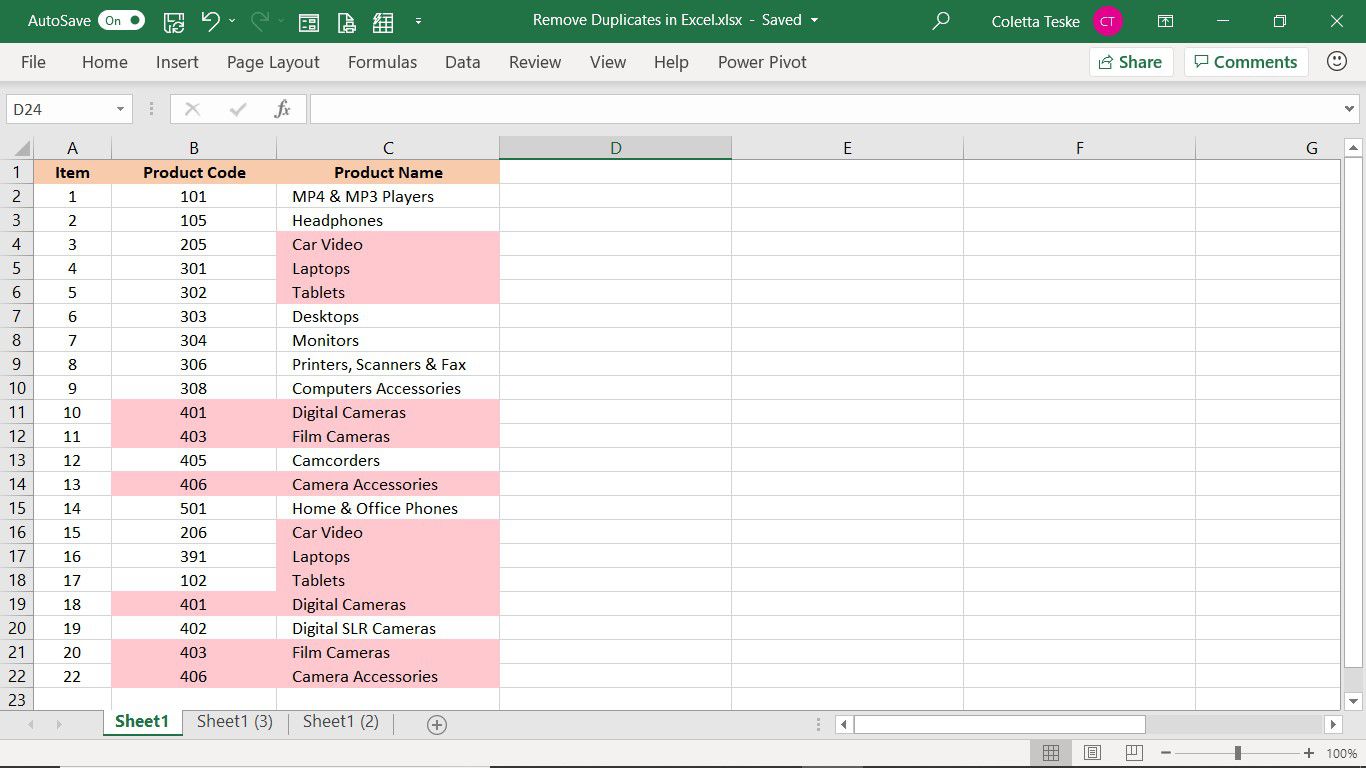 Resultado da ferramenta Remove Duplicates no Excel