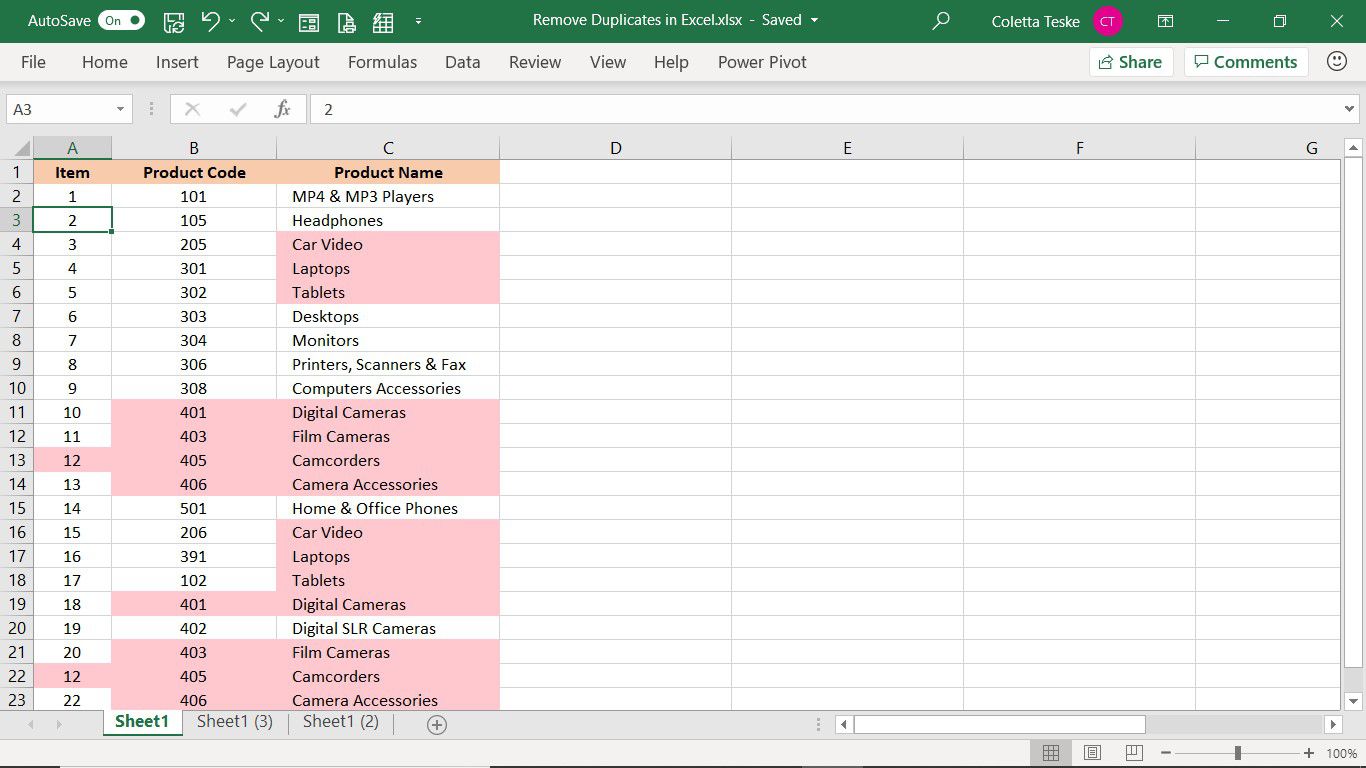 Planilha do Excel com linhas duplicadas