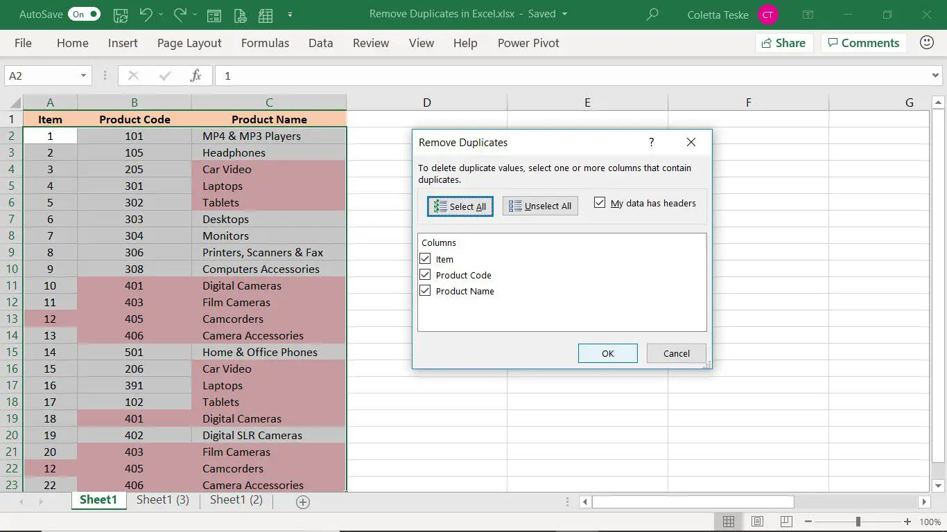 A caixa de diálogo Remover Duplicatas mostrando como excluir duplicatas no Excel
