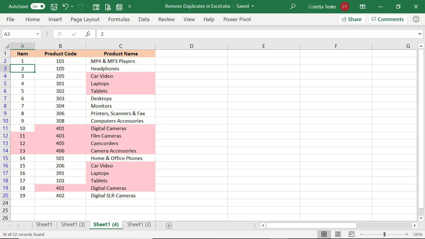 O resultado do Filtro Avançado para remover linhas duplicadas no Excel