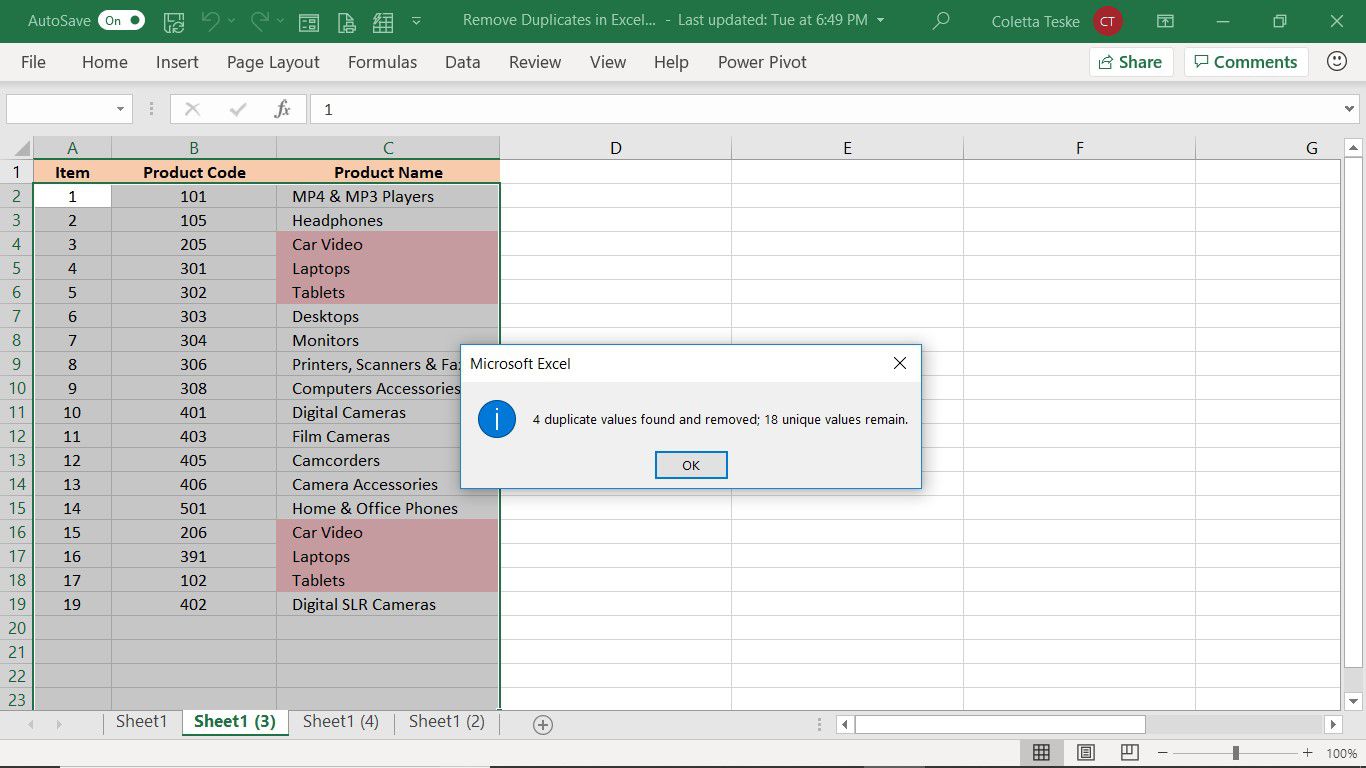 Confirmação do Microsoft Excel do número de duplicatas removidas no Excel