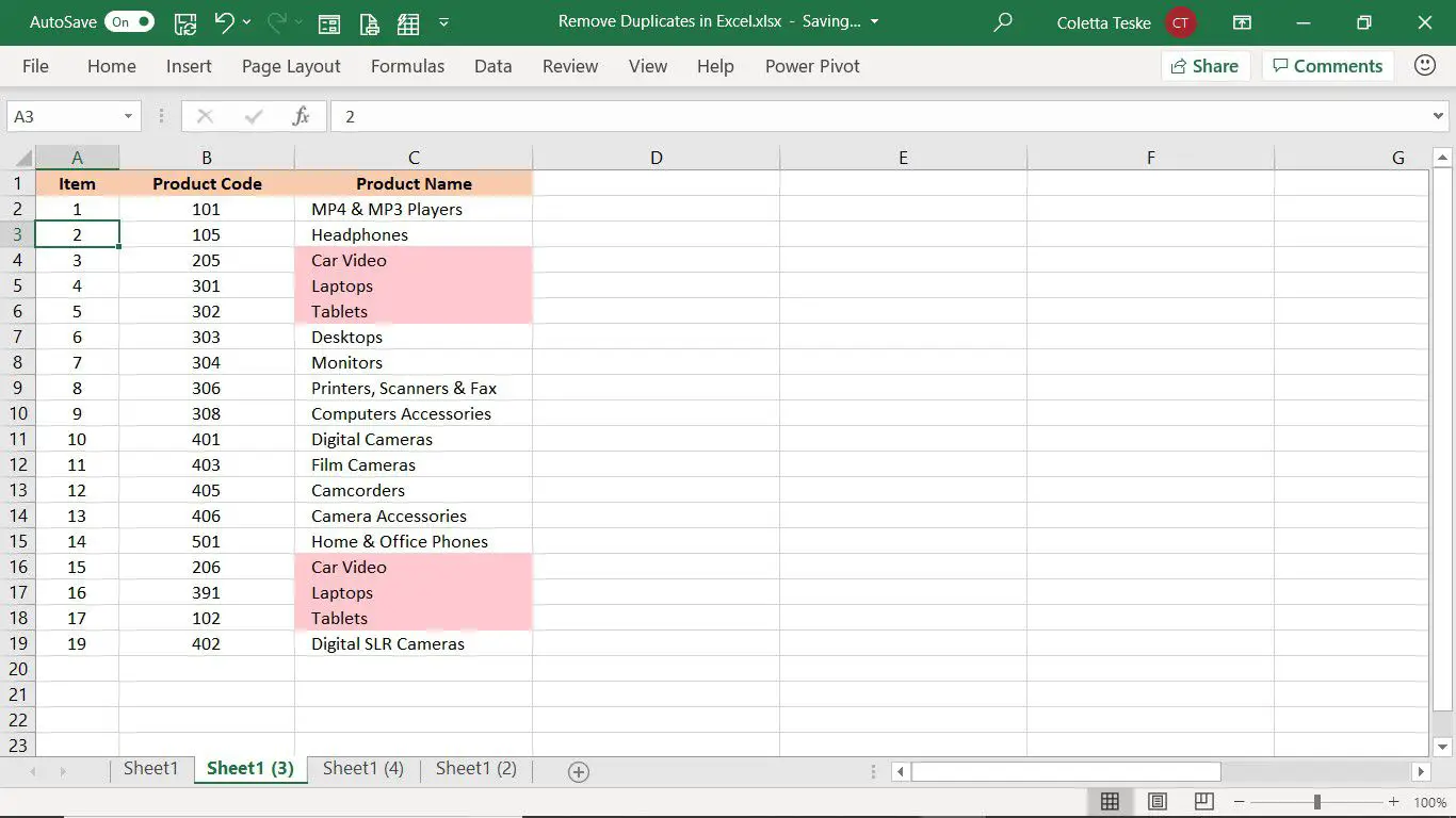 O resultado da ferramenta Remover Duplicatas no Excel para excluir linhas com base em duplicatas em colunas selecionadas