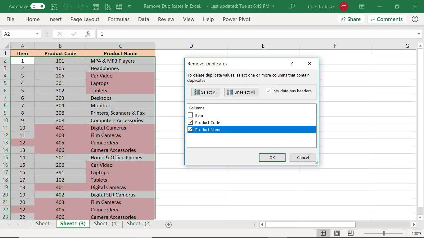 A caixa de diálogo Remove Duplicates para remover linhas duplicadas no Excel