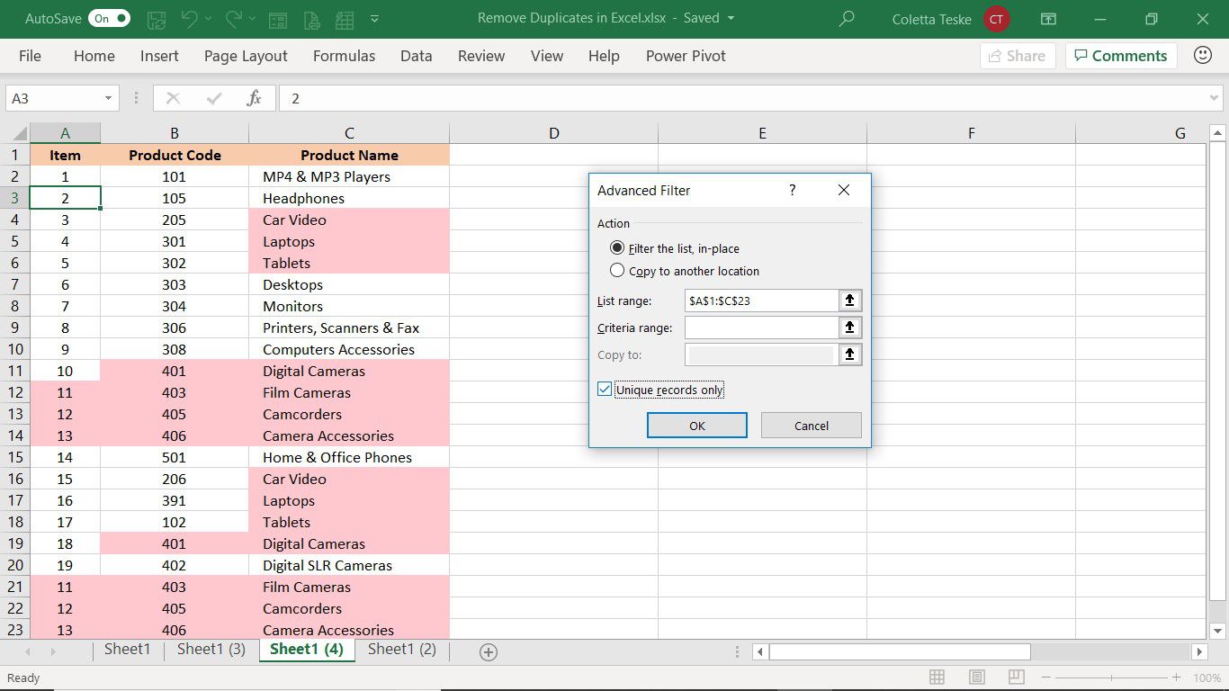 A caixa de diálogo Filtro Avançado mostrando como filtrar por valores únicos apenas no Excel
