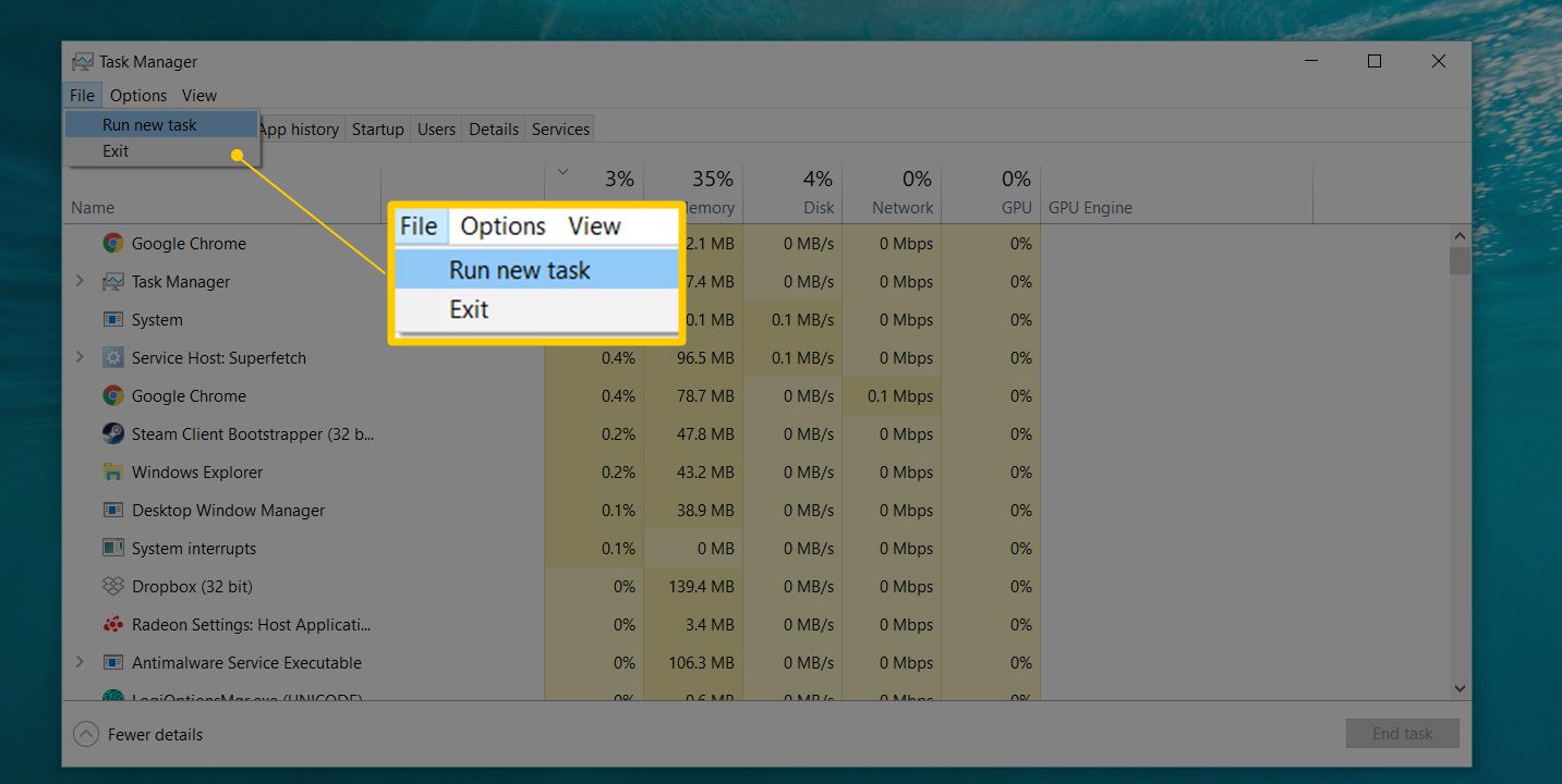 Execute um novo item de menu de tarefas no menu Arquivo no Gerenciador de Tarefas para Windows 10