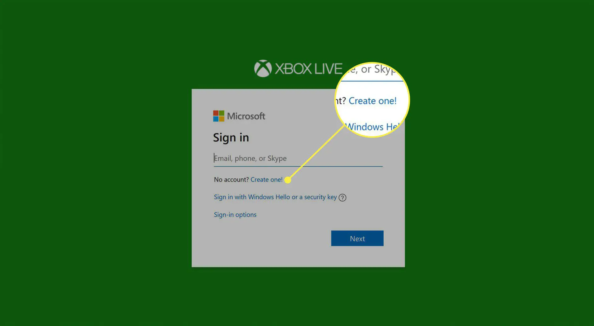 O link "Criar um" no Xbox Live