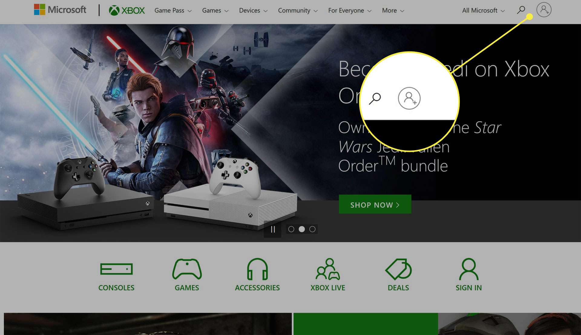 O ícone da conta no Xbox.com