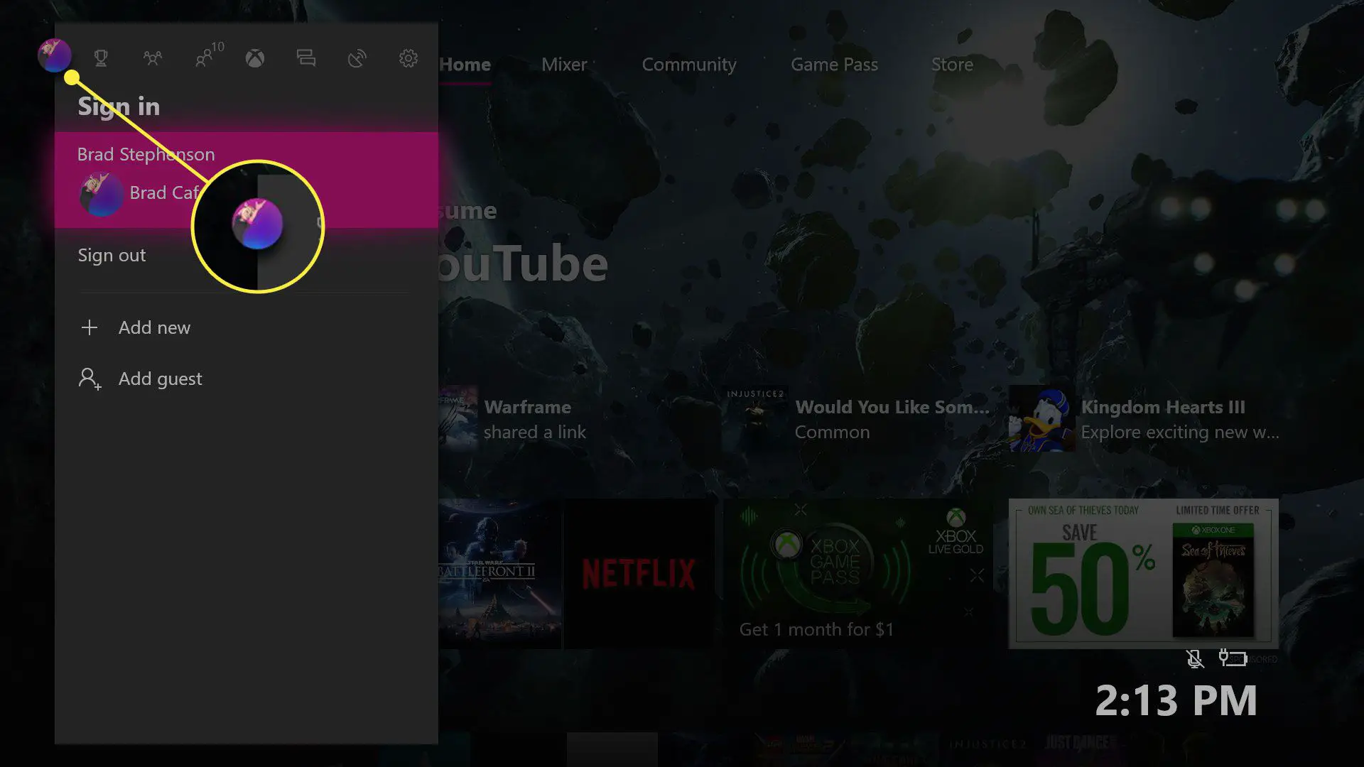 O painel de login em um Xbox One