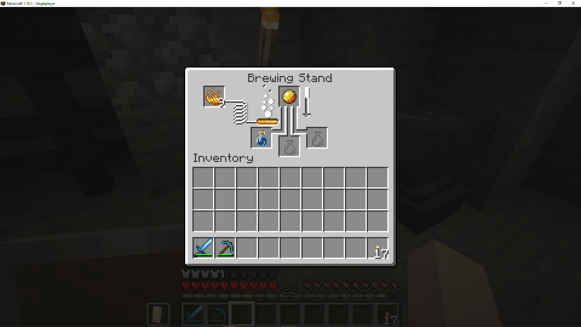 Uma captura de tela de fazer uma poção de fogo no Minecraft.