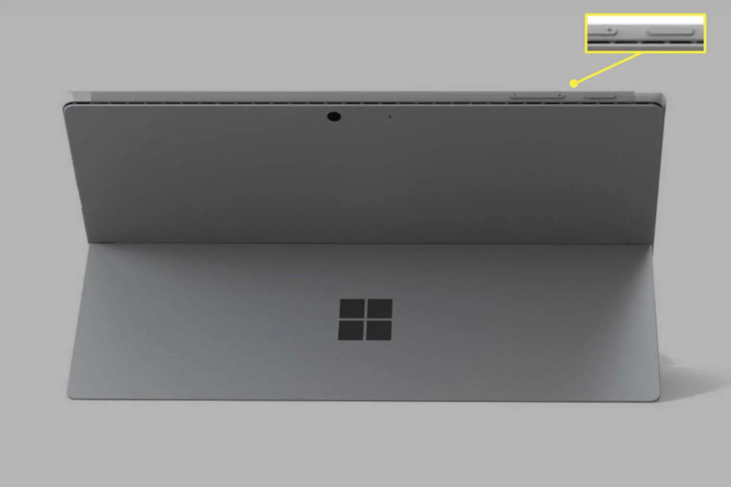 Um Microsoft Surface Pro mostrado na parte traseira com botões liga / desliga e aumentar volume visíveis.