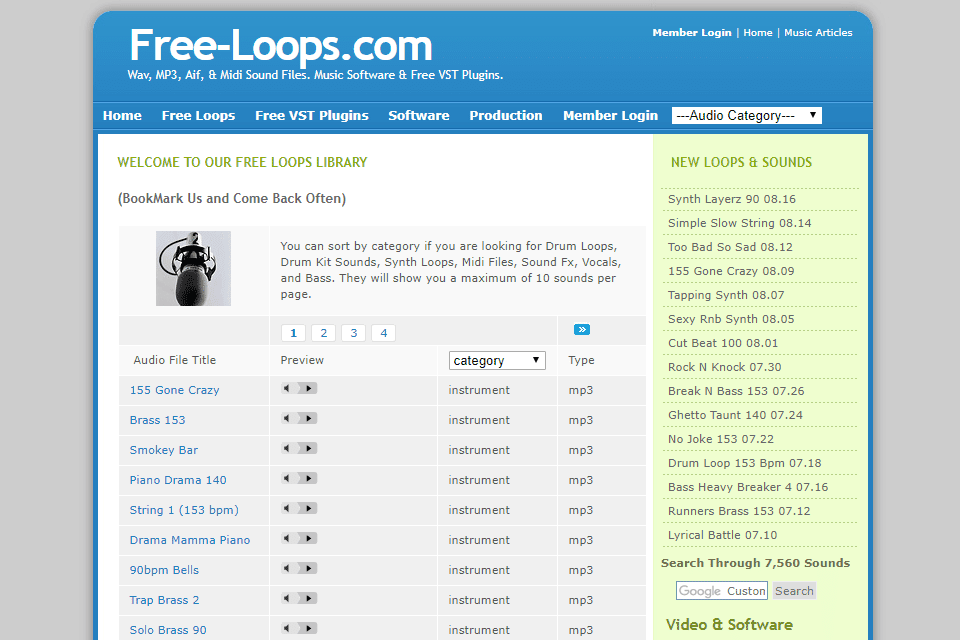 Captura de tela do site Free-Loops.com com sons livres de royalties