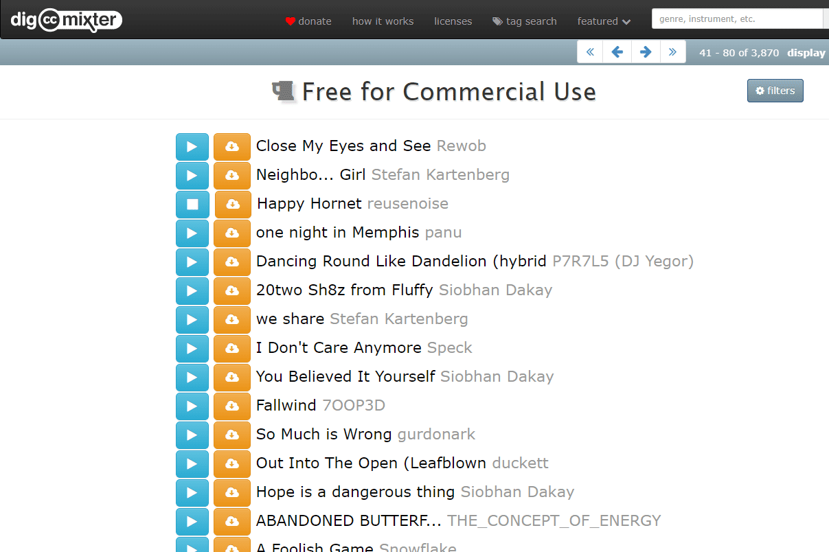 Captura de tela do site ccMixter com sons livres de royalties