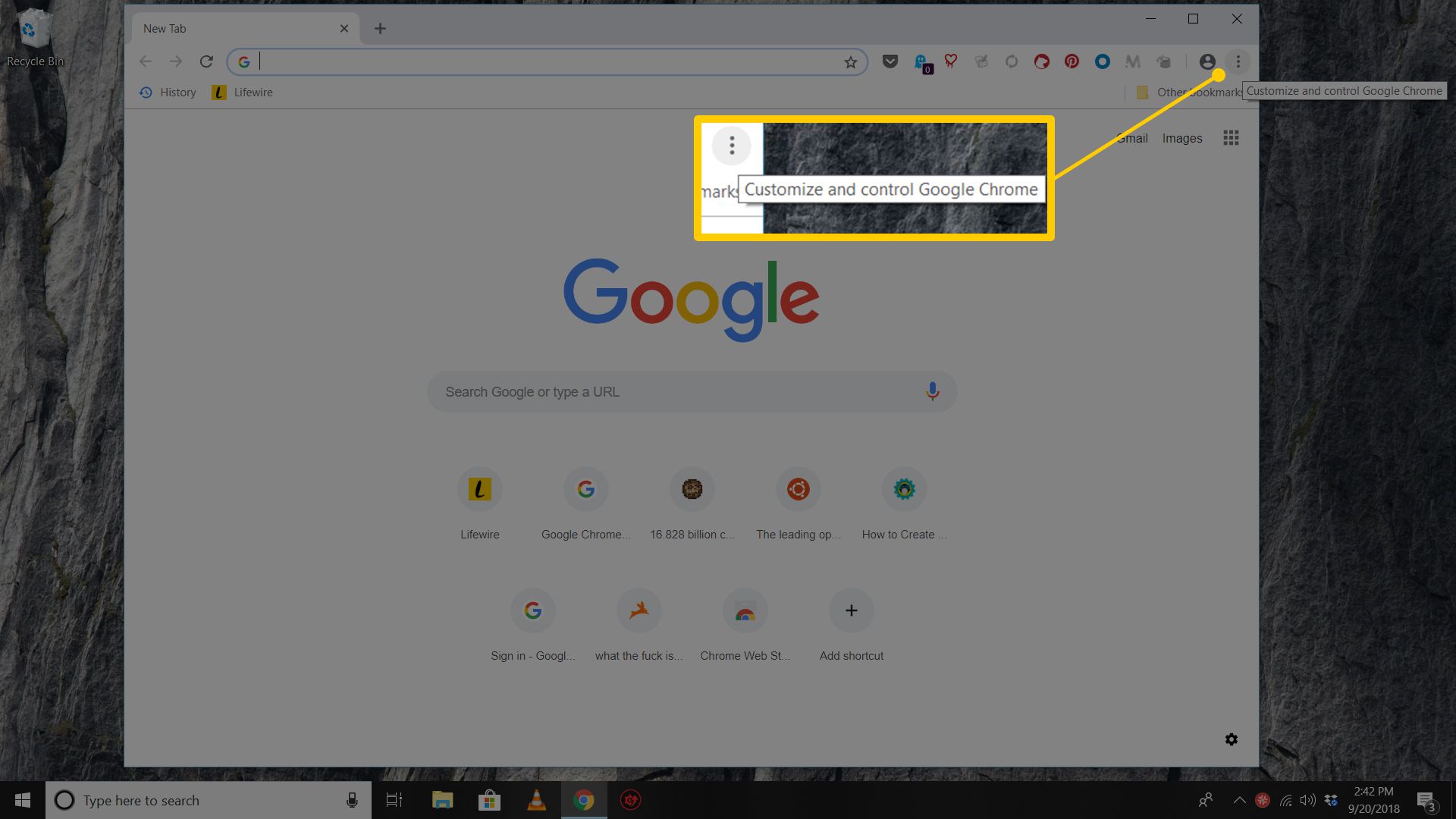 Captura de tela do navegador Chrome mais menu de três pontos no Windows 10