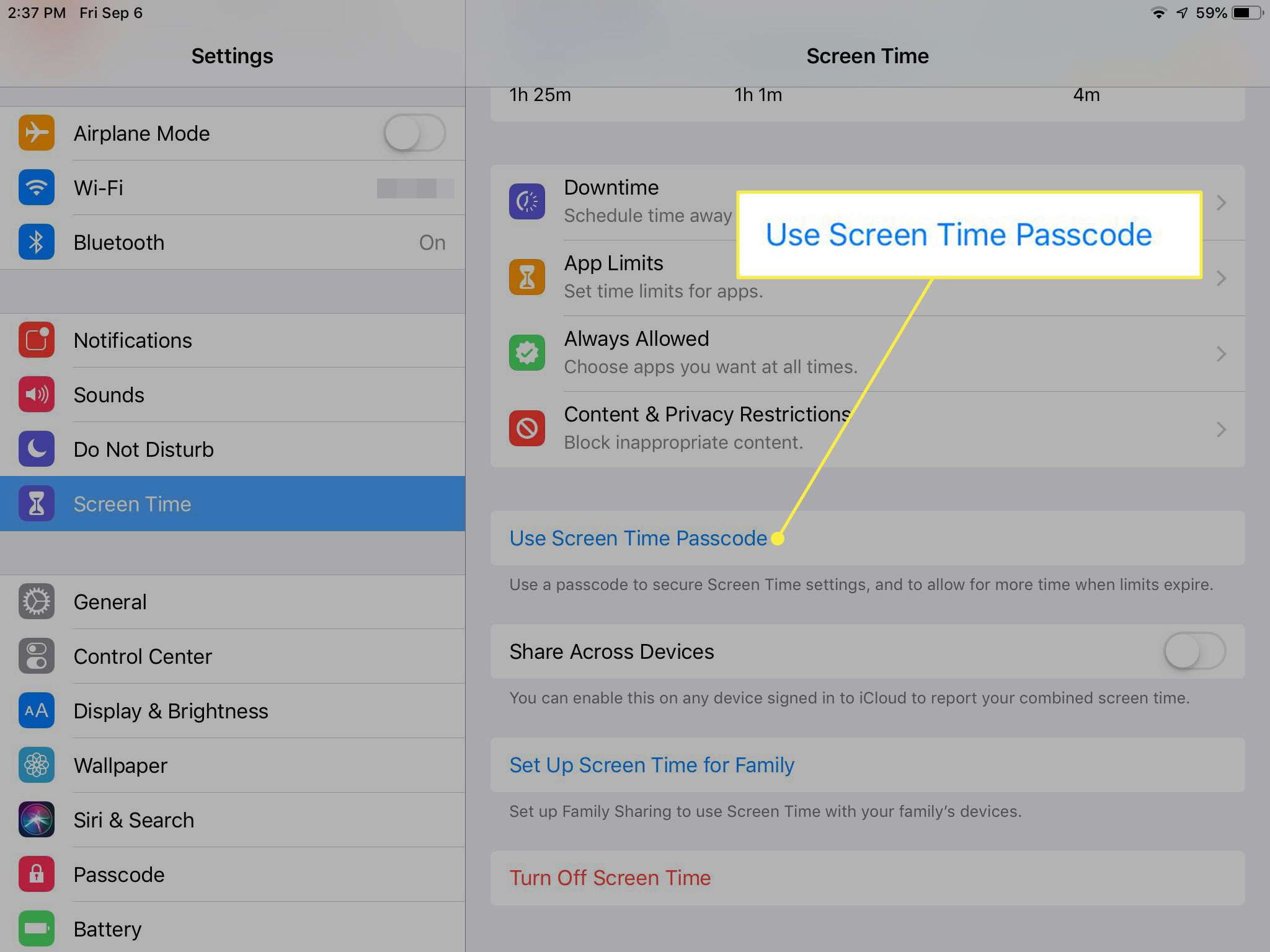 Uma captura de tela das configurações do iPad com o comando Use Screen Time Passcode destacado
