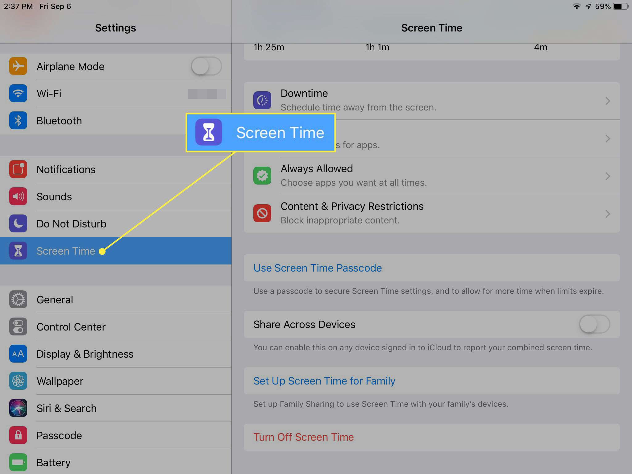 Uma captura de tela das configurações do iPad com o tempo de tela destacado