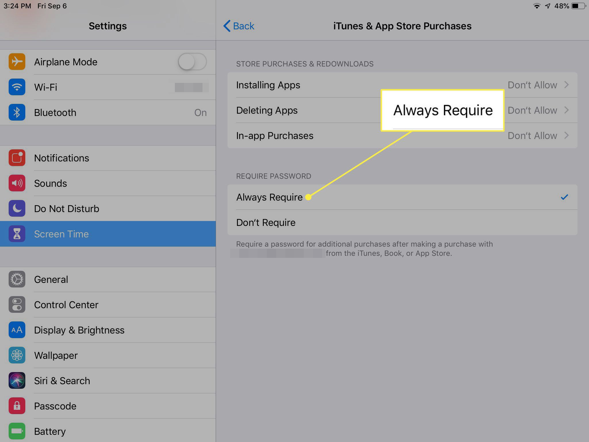 Uma captura de tela das configurações de compras do iTunes e App Store em um iPad com a opção Sempre exigir destacada