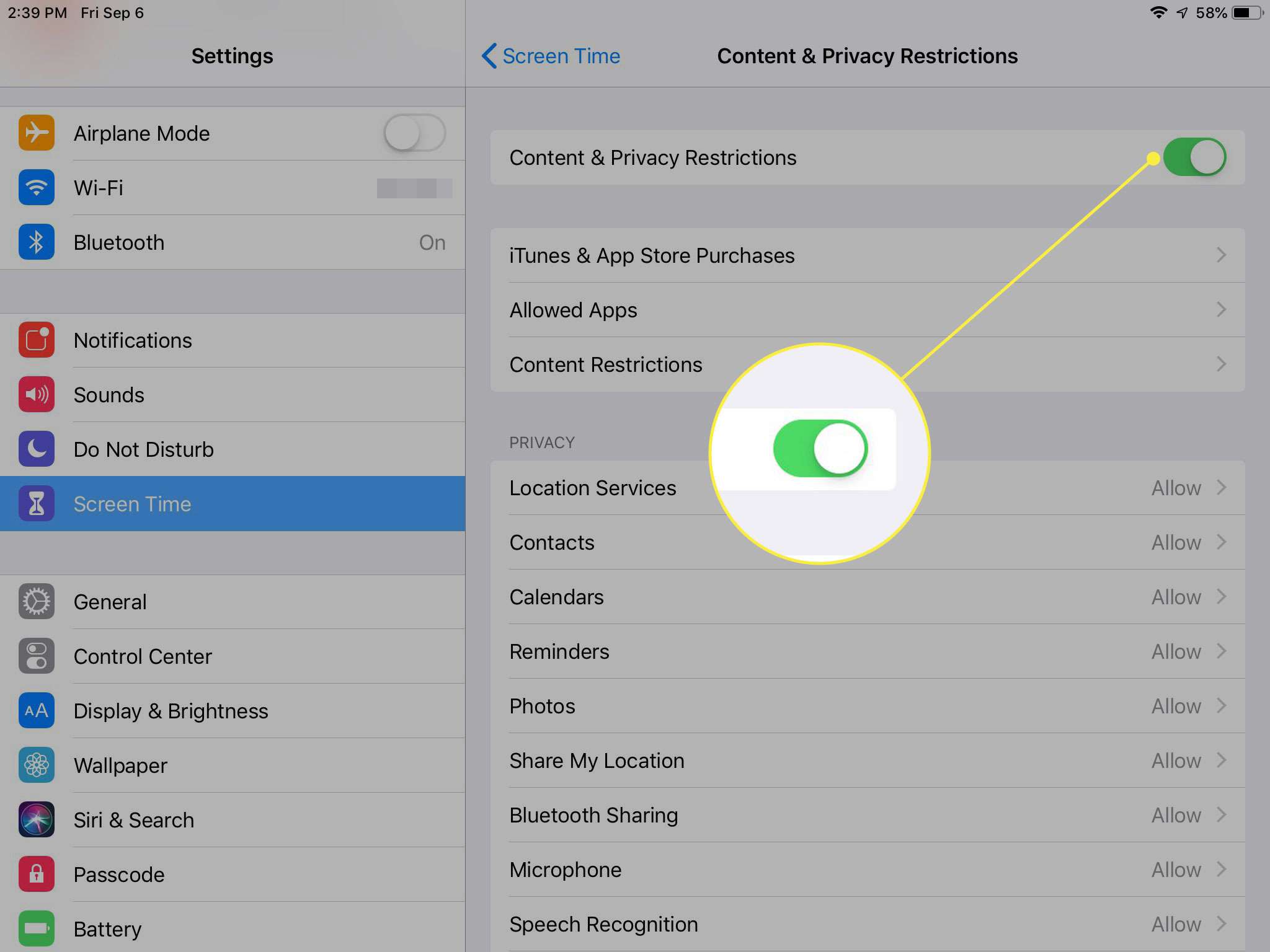 Uma captura de tela das restrições de privacidade e conteúdo do iPad com o botão de alternância destacado