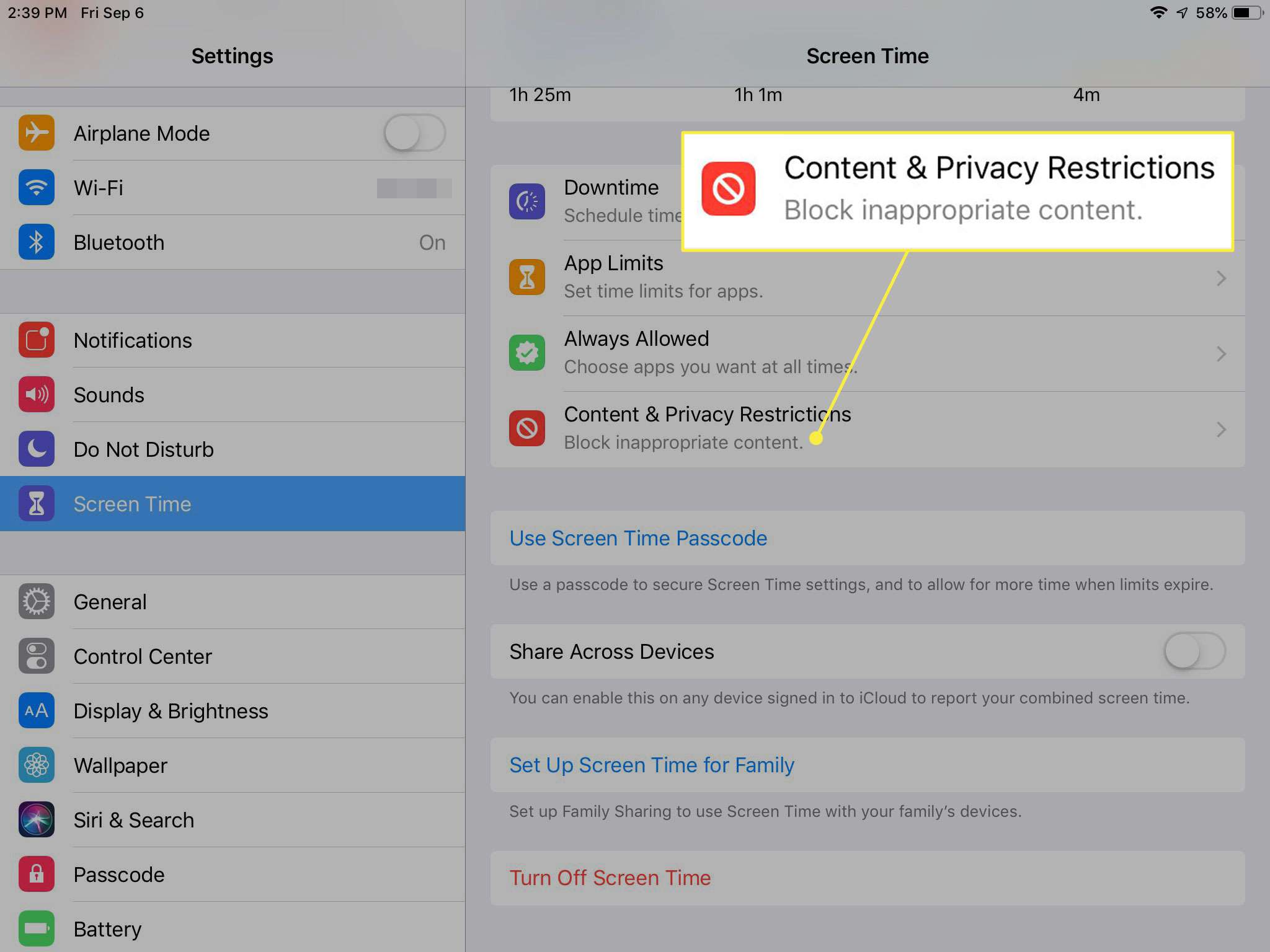 Uma captura de tela das configurações de tempo de tela do iPad com o "Conteúdo e restrições de privacidade" opção destacada
