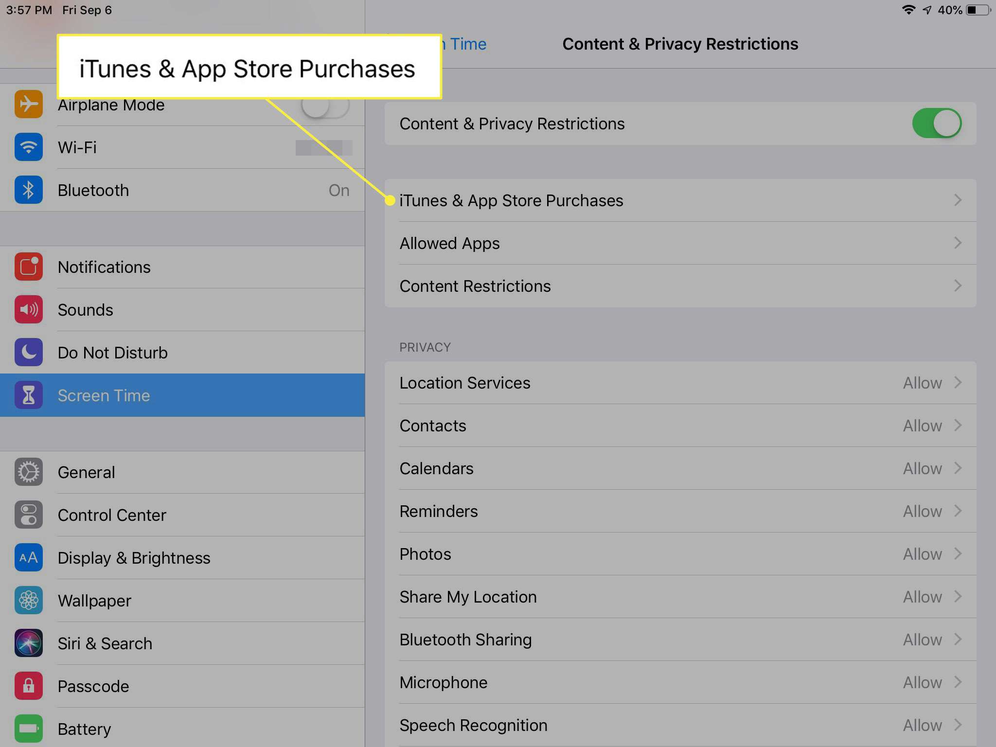 Uma captura de tela das restrições de conteúdo e privacidade com o título Compras do iTunes destacado