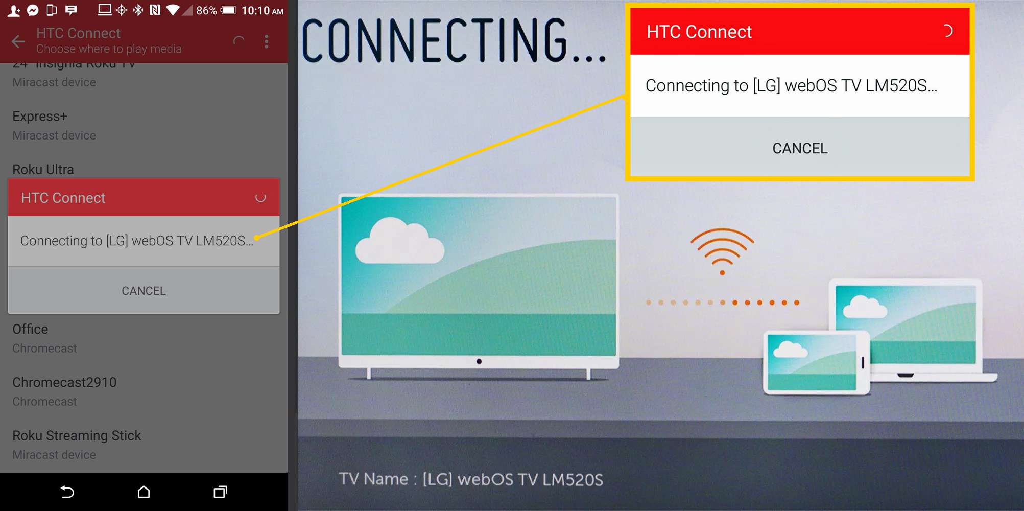 Exemplo de telefone Android estabelecendo conexão de espelhamento de tela com LG Smart TV