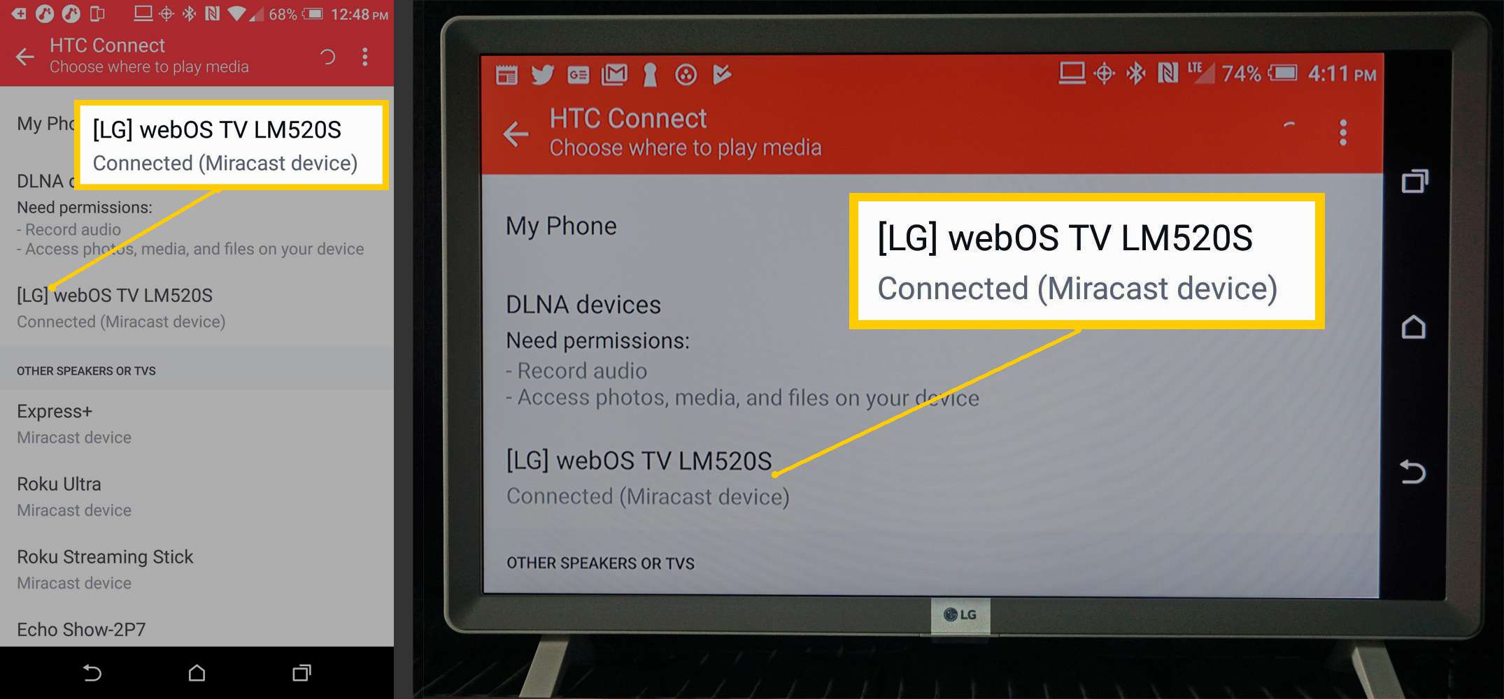 Exemplo de conexão de espelhamento de tela de telefone Android estabelecida com LG Smart TV