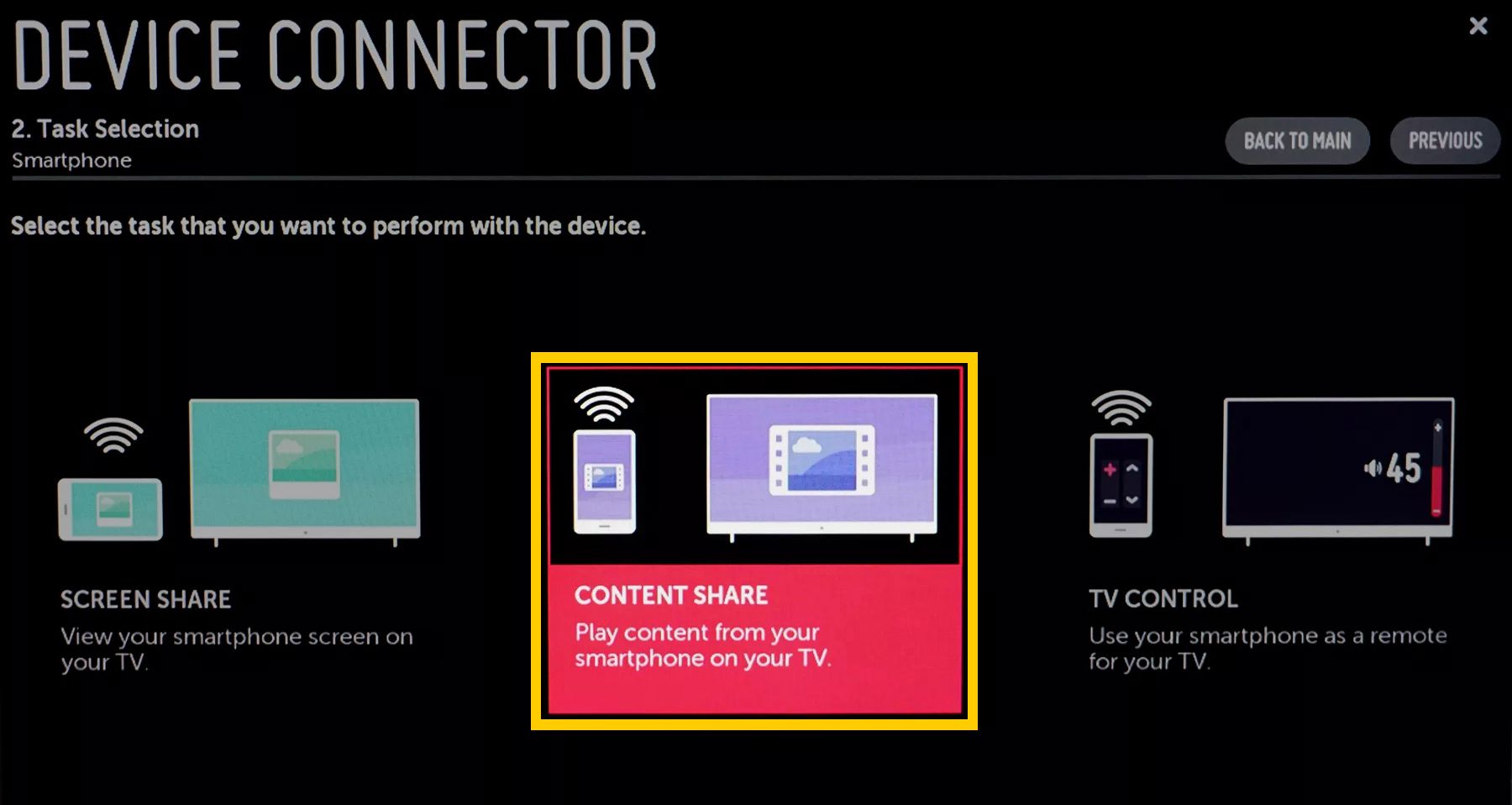 Conector de dispositivo LG TV - compartilhamento de conteúdo com smartphone