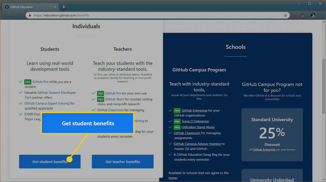 Uma captura de tela da página de inscrição dos benefícios do aluno do GitHub.