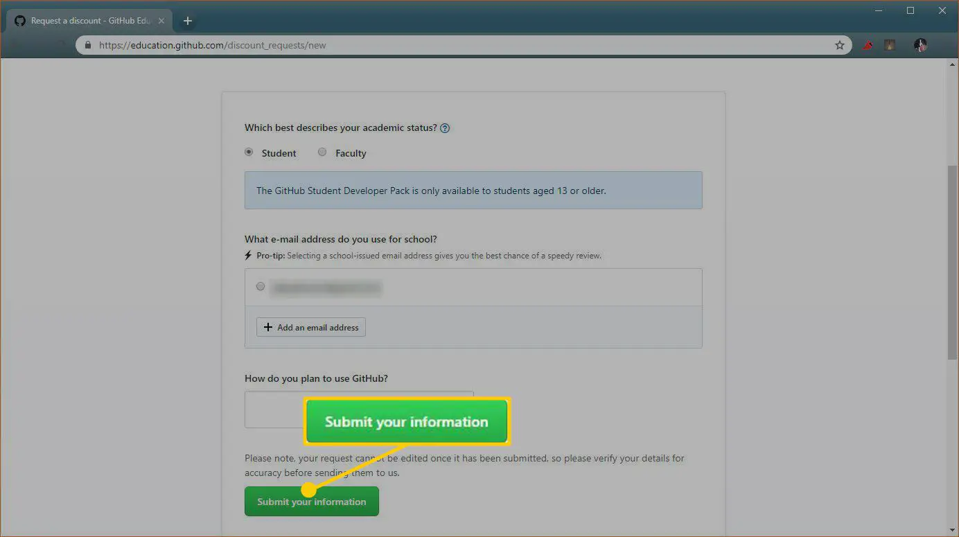 Uma captura de tela do formulário de solicitação de benefício do aluno do GitHub.