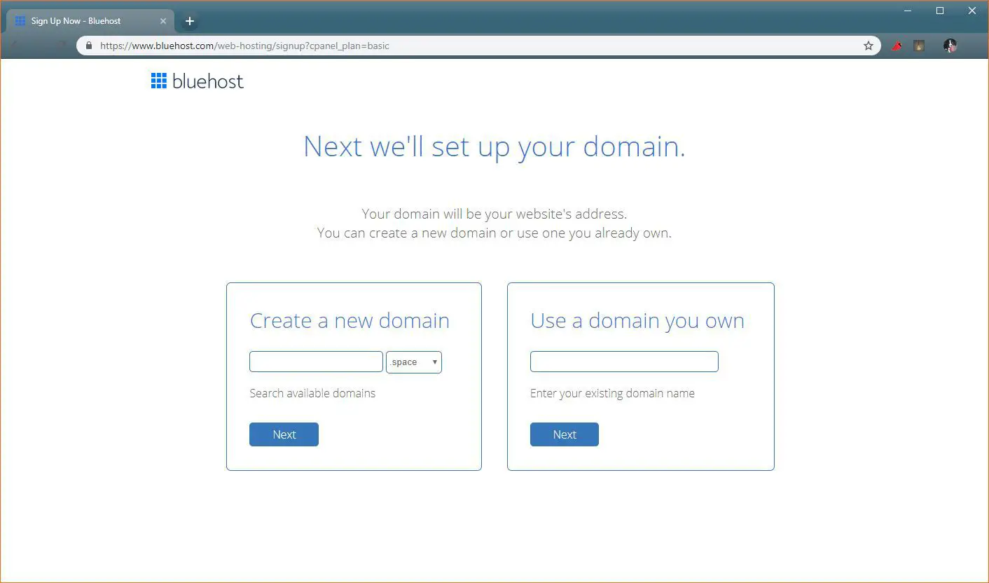 Uma captura de tela do processo de seleção de nome de domínio gratuito no Bluehost.