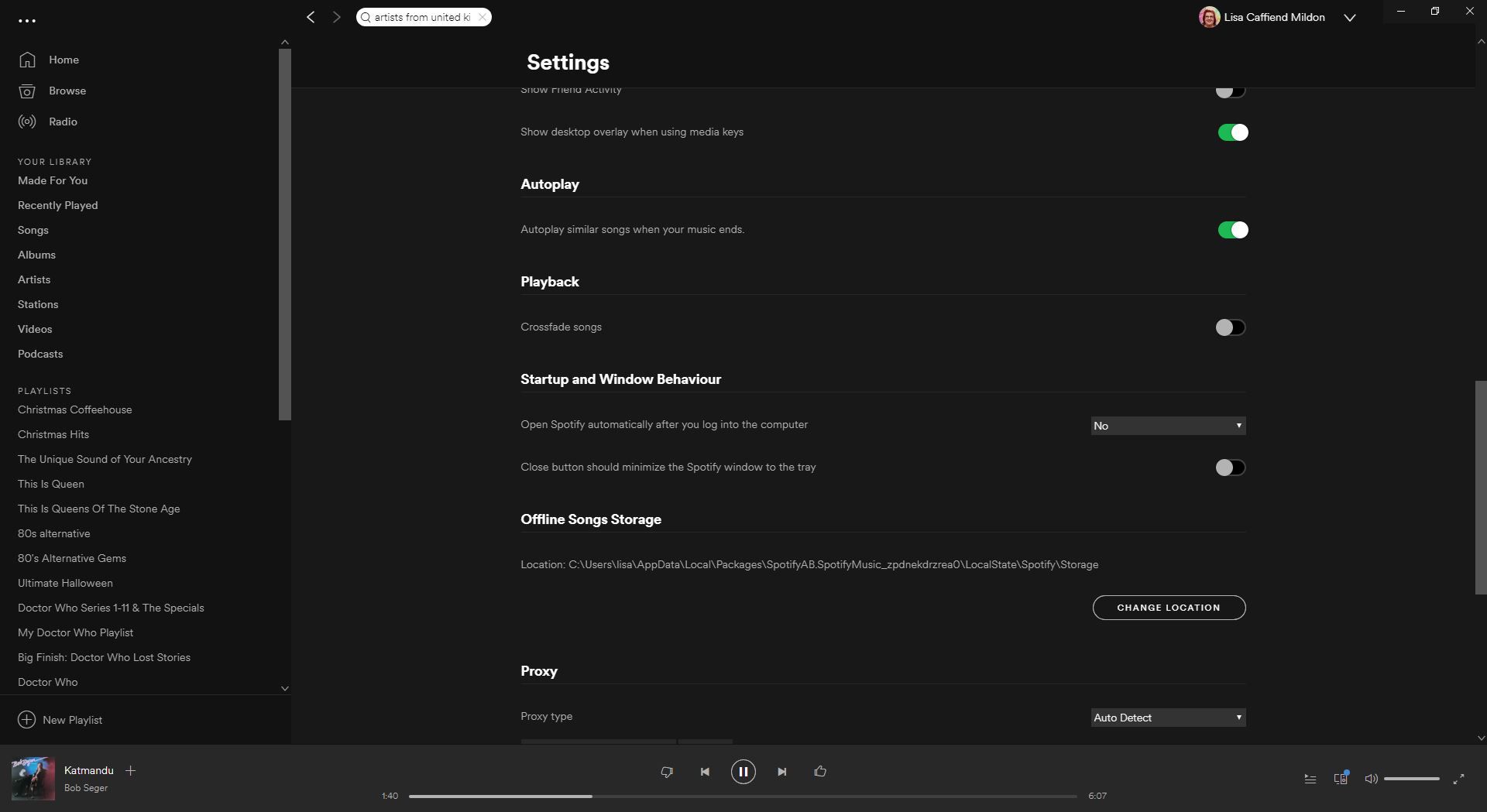 Configurações do Spotify exibidas.