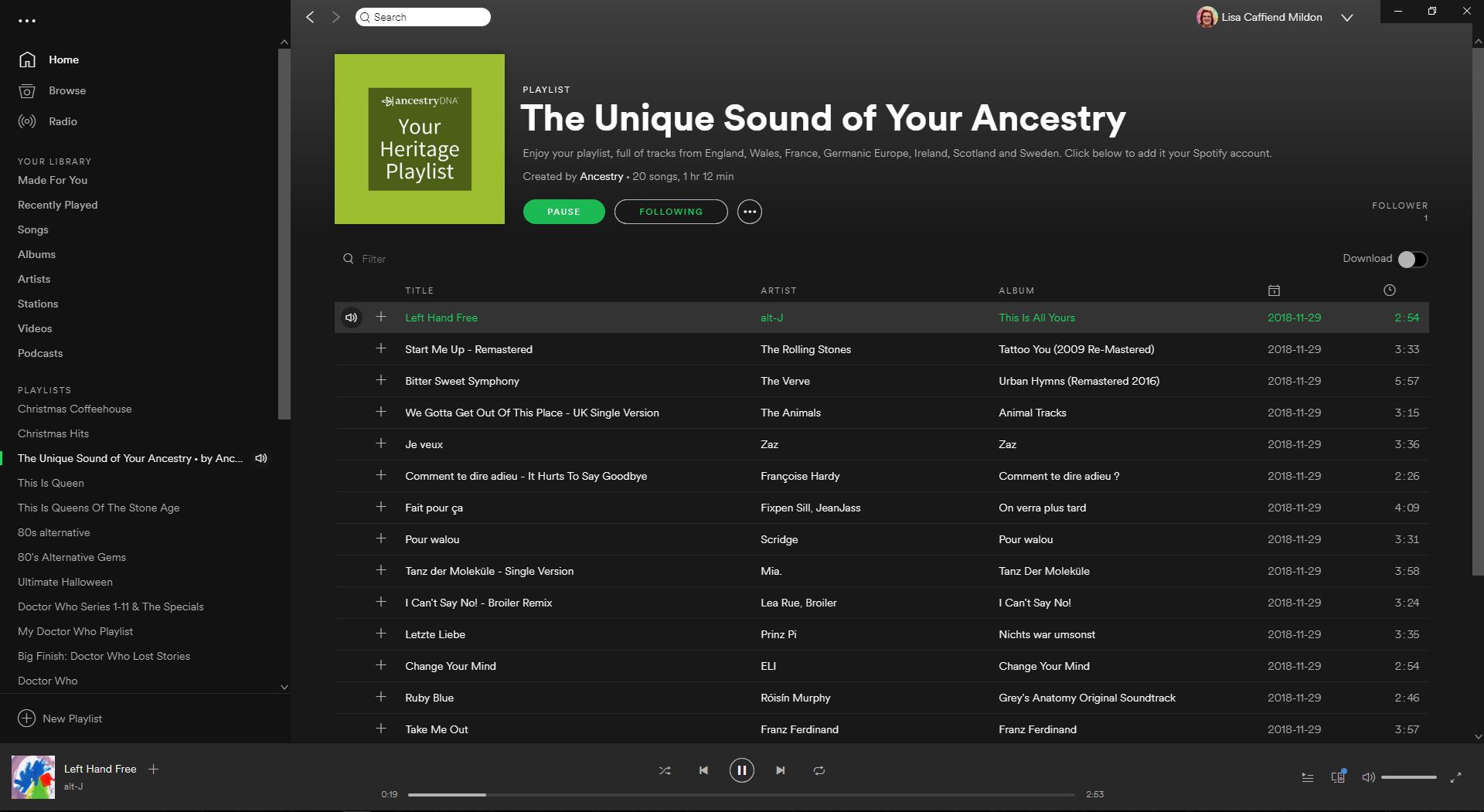 Lista de reprodução Spotify do Ancestry.com.