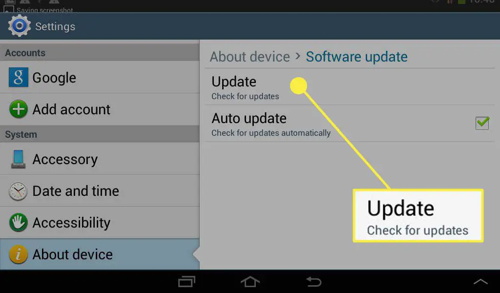 Botão Atualizar destacado no aplicativo Configurações em um dispositivo Android.