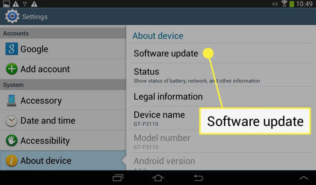 Atualização de software destacada no aplicativo Configurações em um dispositivo Android.